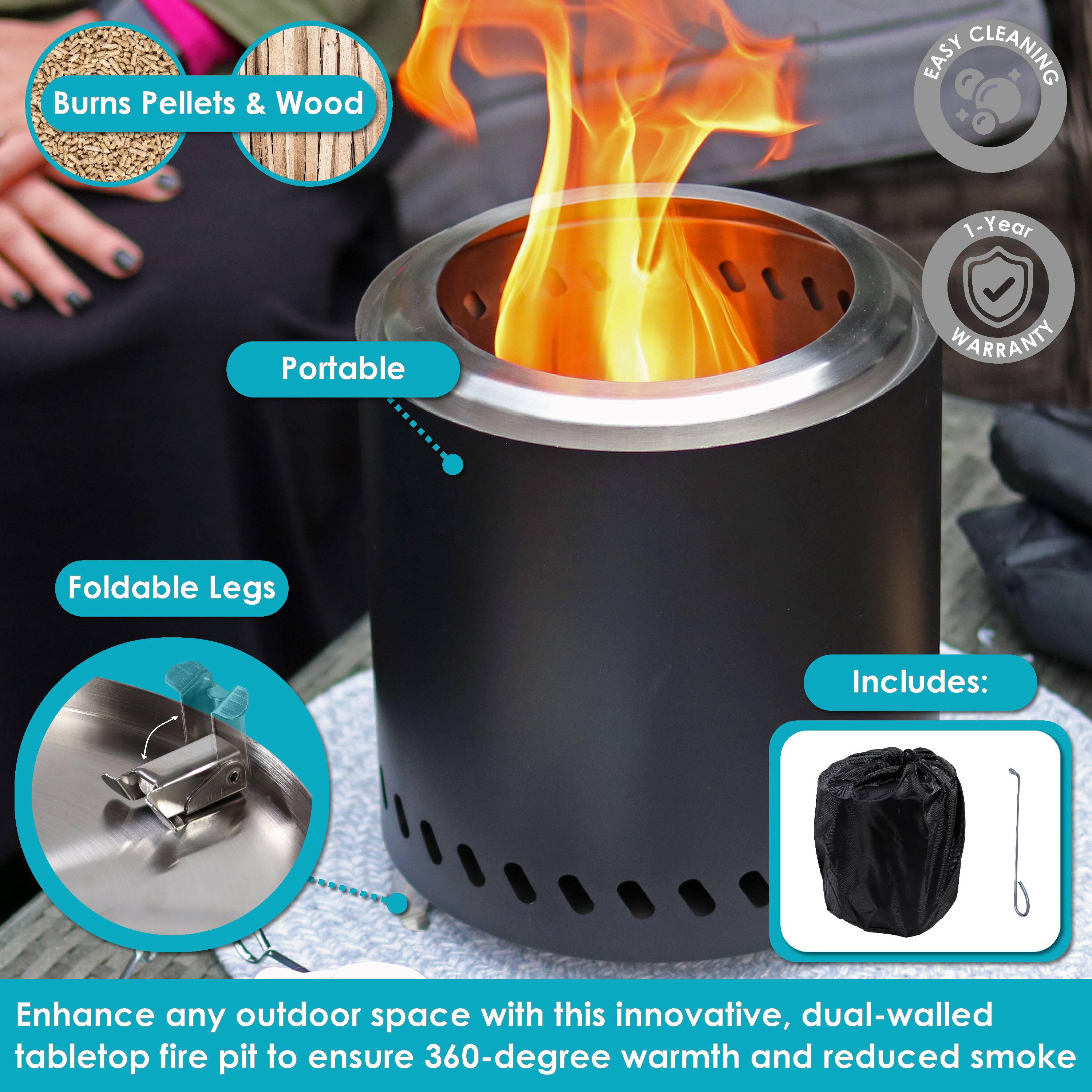 - Burns Pellets & Wood
- Portable
- Foldable Legs
- Easy Cleaning
- 1-Year Warranty
- Includes: (Image of a cover and tool)

Enhance any outdoor space with this innovative, dual-walled tabletop fire pit to ensure 360-degree warmth and reduced smoke.
