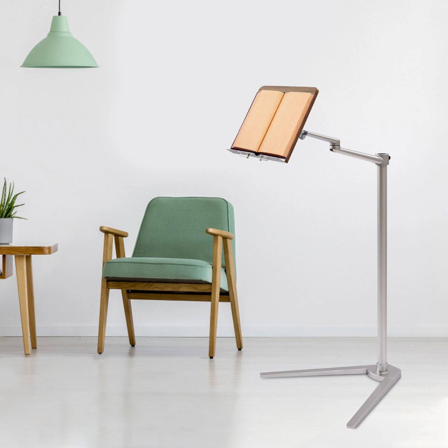 Angle. Stock Preferred - Adjustable Floor Book Holder Stand - Frosted Silver Frame with Brown MDF Shelf.