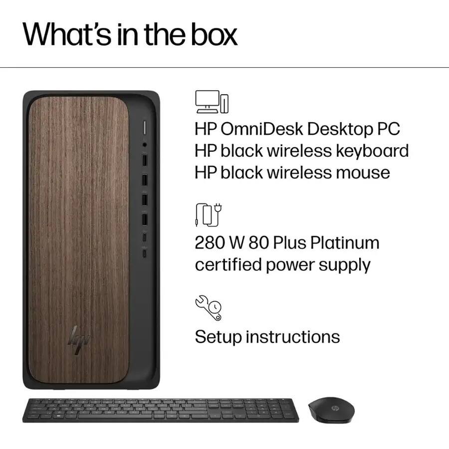 What's in the box

- HP OmniDesk Desktop PC
- HP black wireless keyboard
- HP black wireless mouse
- 280 W 80 Plus Platinum certified power supply
- Setup instructions