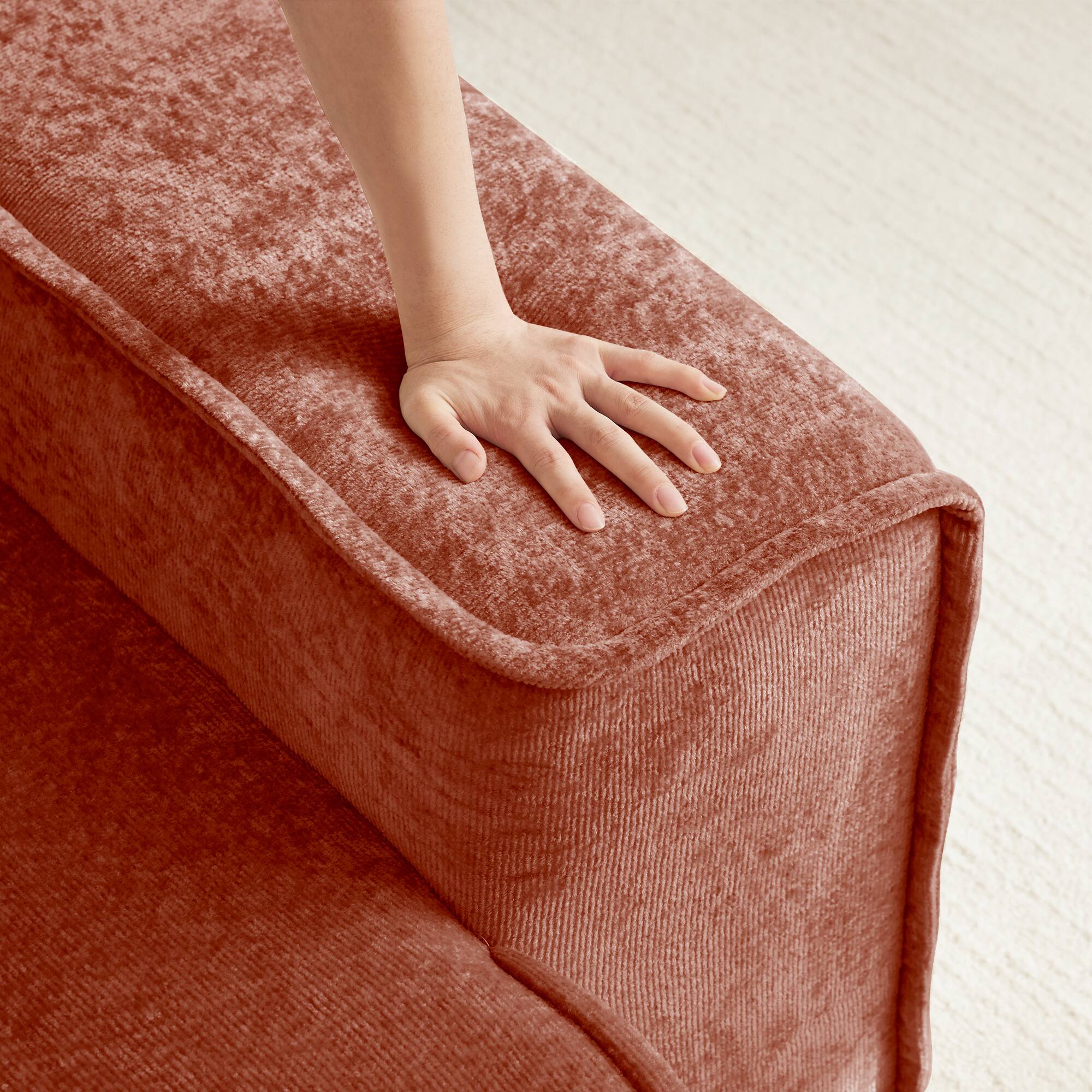 Back. Aukfa - Streamlined Deep Seat Modular 4-Seat Boneless Sofa - French Edge Piping, No Assembly, Throw Pillows, Velvet Fabric - Red.