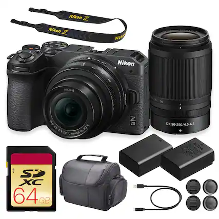 Nikon Z 2 d L - Nik ON - OS - OR-9 ACT -2 Nikon NIKKOR KOR HEH 70 50 46 1 VR DX 1:3.5-6,3 16-50mm B SD XC 64GB GB Z 30 DX 50-250/4.5-6.3 18T. TT Nikon pomas a.3ih PACK NKKC NOR