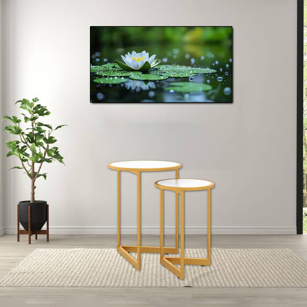 Front. Hivvago - Round Stacking Coffee Tables with Imitation Marble Surface for Living Room Use - Set of 2 - White.