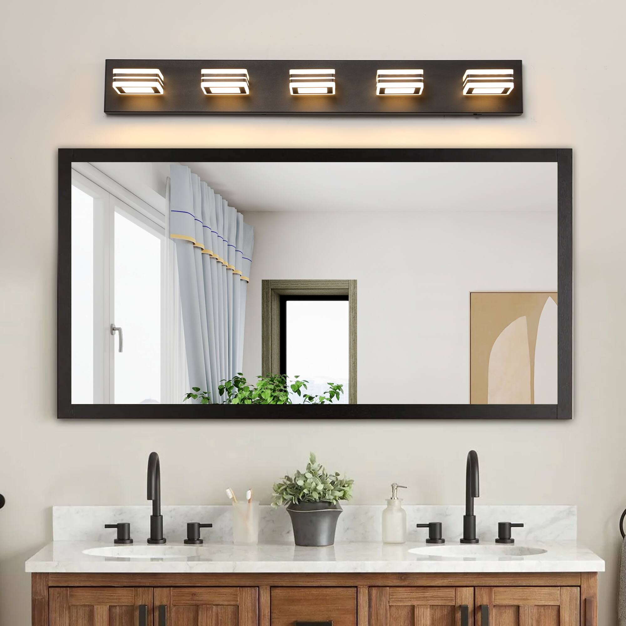 Front. APRILSOUL - 34 Inch Modern 5-Light LED Vanity Light - Sleek Bathroom Wall Fixture Iron and Acrylic Dimmable and Energy-Efficient.