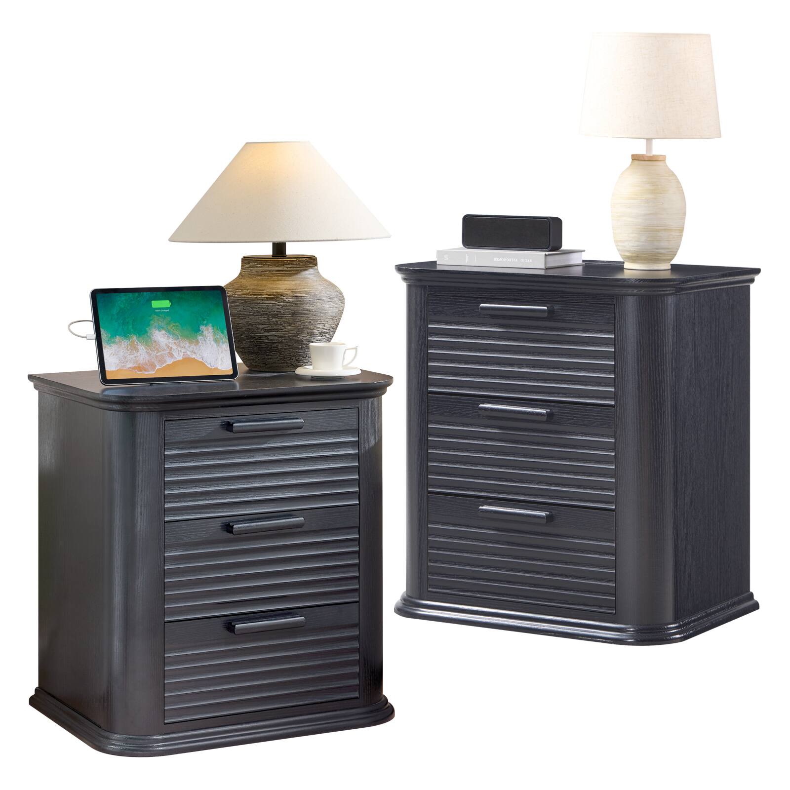 Angle. Forest'nSky - Black Wood 3 drawer 22 in. Wide Chest of Drawers with Charging Station for Living Room - Black.