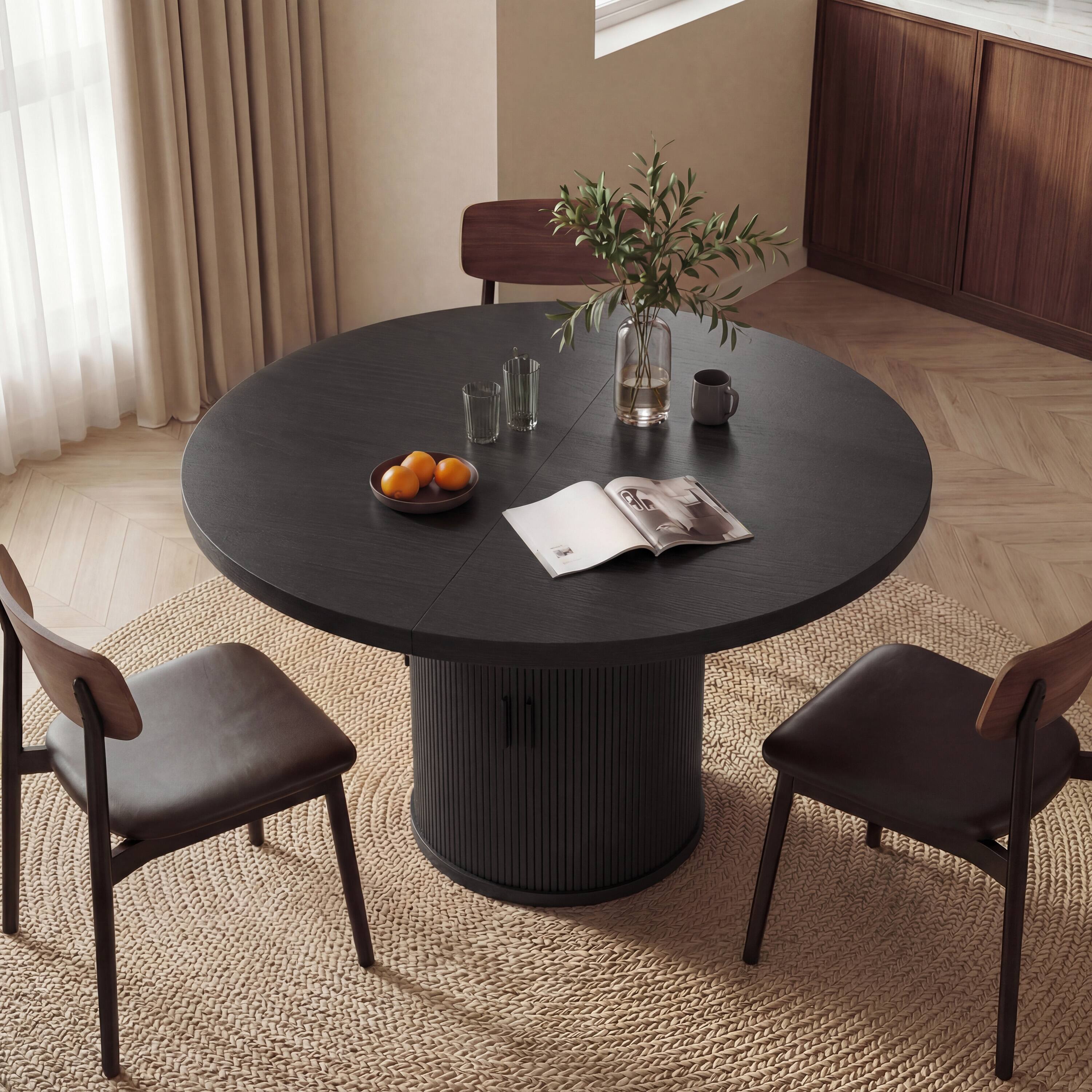 Angle. Dyonery - 35.43-inch Round Wood Dining Table, Grooved Kitchen Dining Table, Round Dining Table with Storage Base, Round - Black.