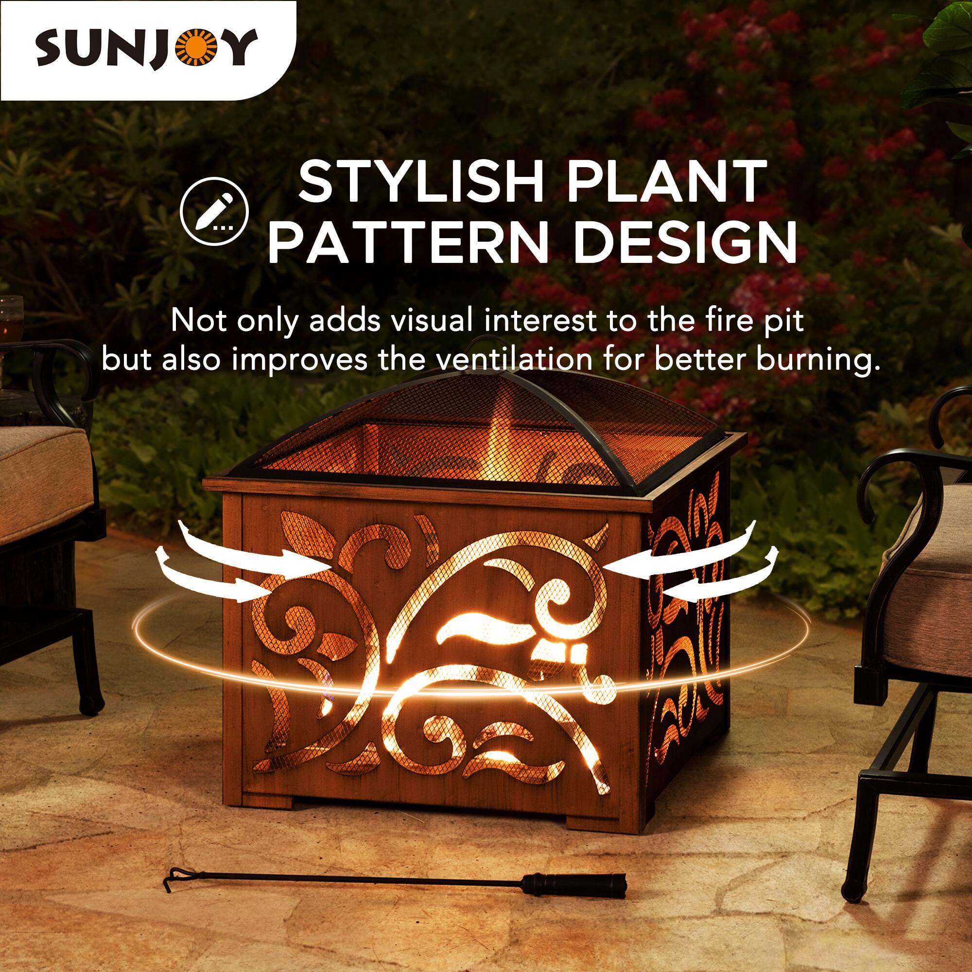 SUNJOY STYLISH PLANT PATTERN DESIGN  
Not only adds visual interest to the fire pit but also improves the ventilation for better burning.