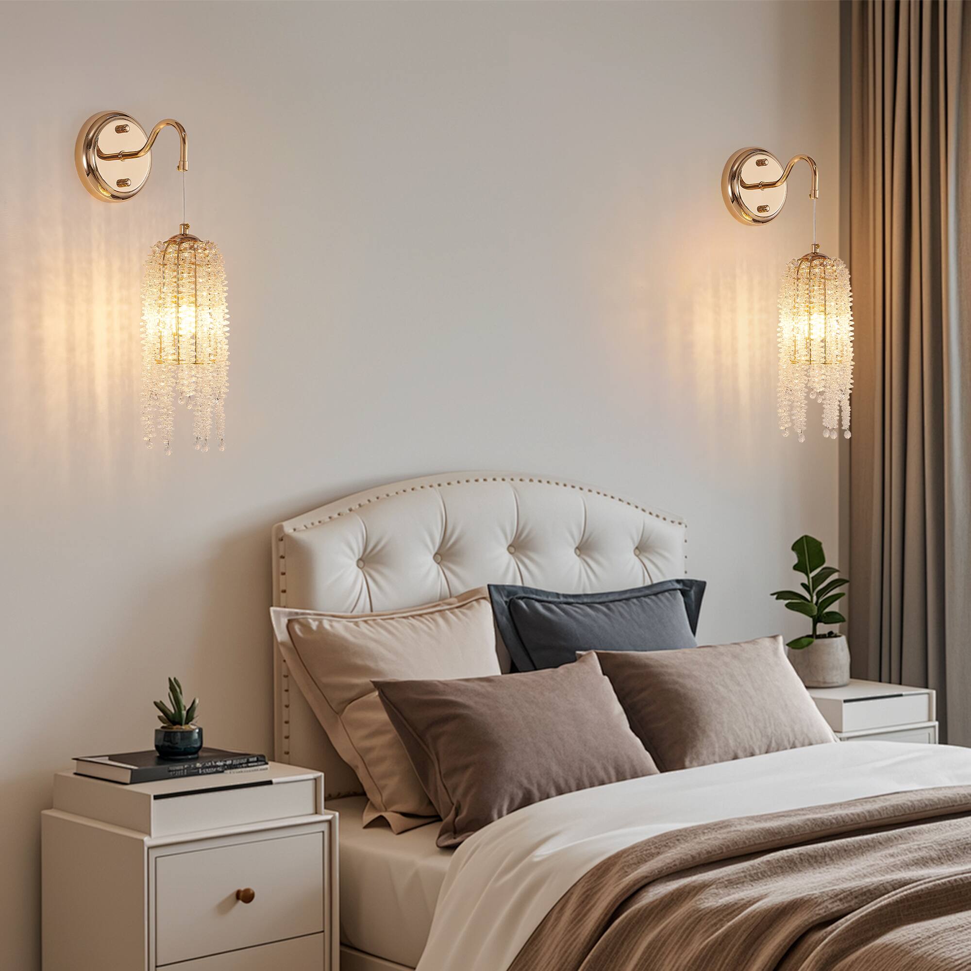 Left. APRILSOUL - Set of 2 Gold Frame and Cascading Crystal Bead String Wall Sconces E12 Bulb Socket Bulb Not Included.