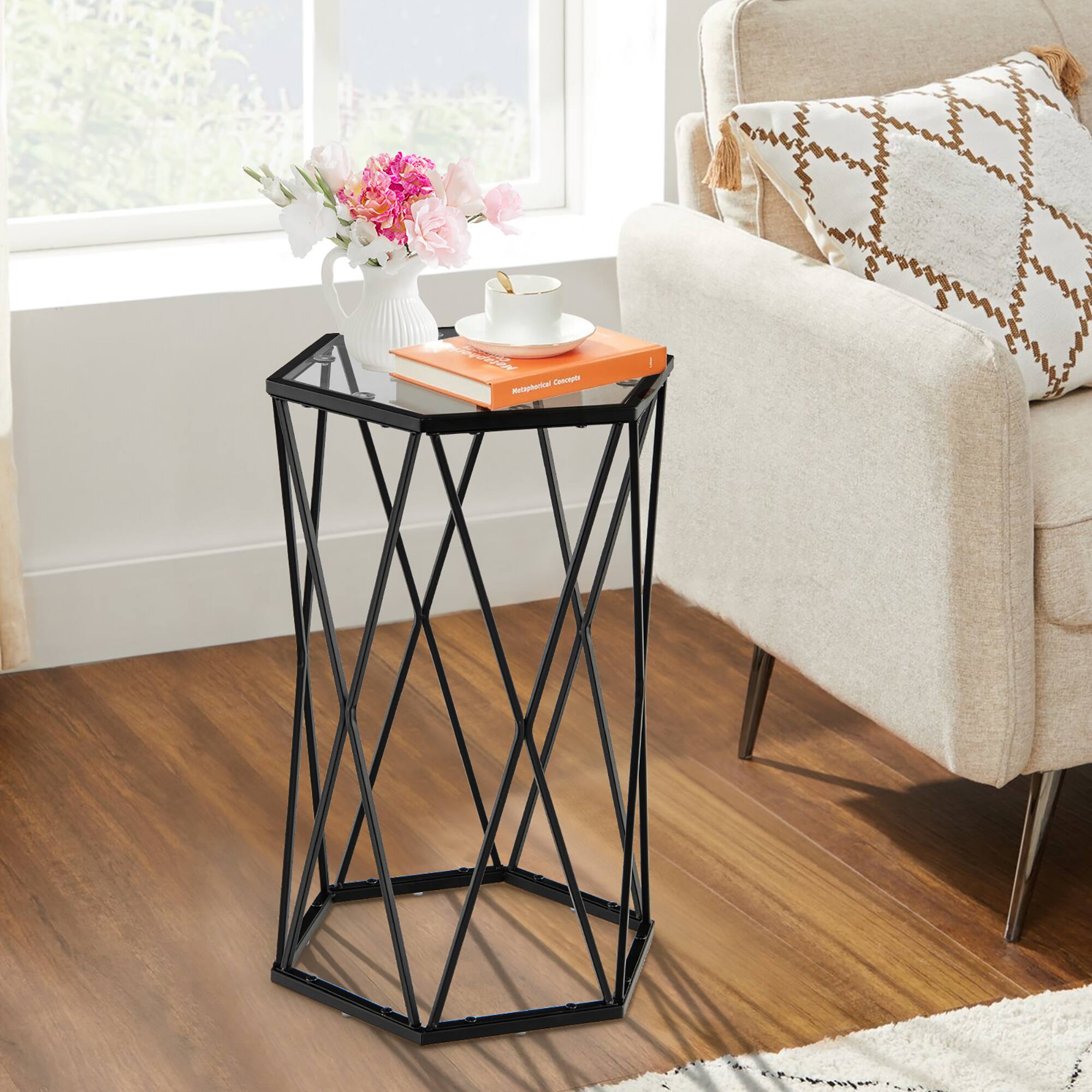 Alt View 4. Costway - Costway End Table Tempered Glass Top Metal Frame Hexagonal Accent Side Table Living Room - Black.