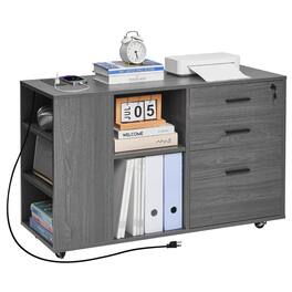 VEVOR - 3-Drawer Wooden File Cabinet with Power Strip, Lockable Rolling Storage with Adjustable Shelves & 5 Wheels - Gray
