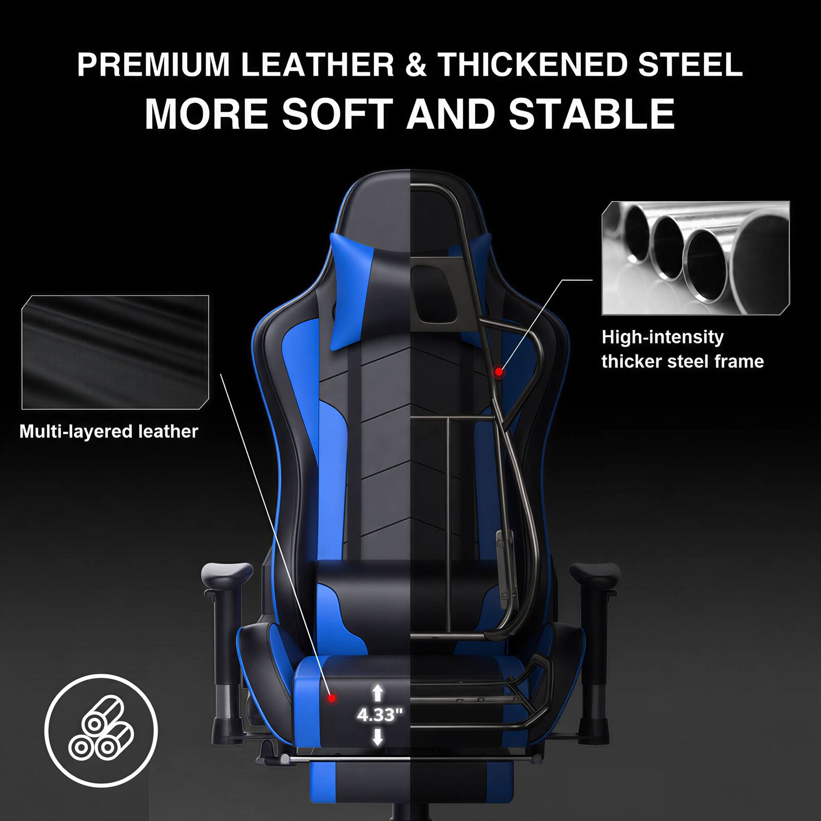 PREMIUM LEATHER & THICKENED STEEL MORE SOFT AND STABLE

High-intensity thicker steel frame

Multi-layered leather

4.33"