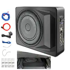 Front. Junsun - All-in-One 10" 1200W Slim Under Seat Subwoofer with Built-in Amplifier (300W RMS) Adjustable Low Pass/Gain/Bass Boost - Black.