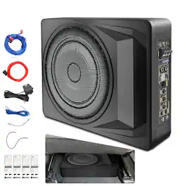 Junsun - All-in-One 10" 1200W Slim Under Seat Subwoofer with Built-in Amplifier (300W RMS) Adjustable Low Pass/Gain/Bass Boost - Black