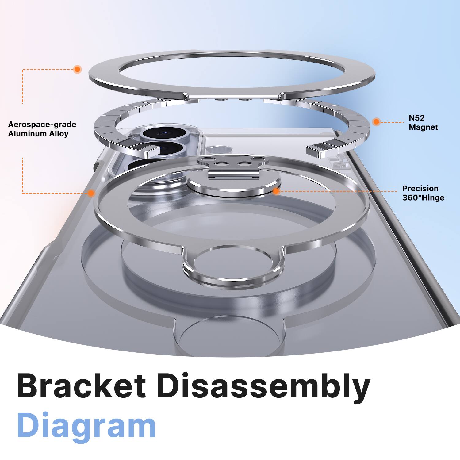 Aerospace-grade Aluminum Alloy  
N52 Magnet  
Precision 360° Hinge  
Bracket Disassembly Diagram