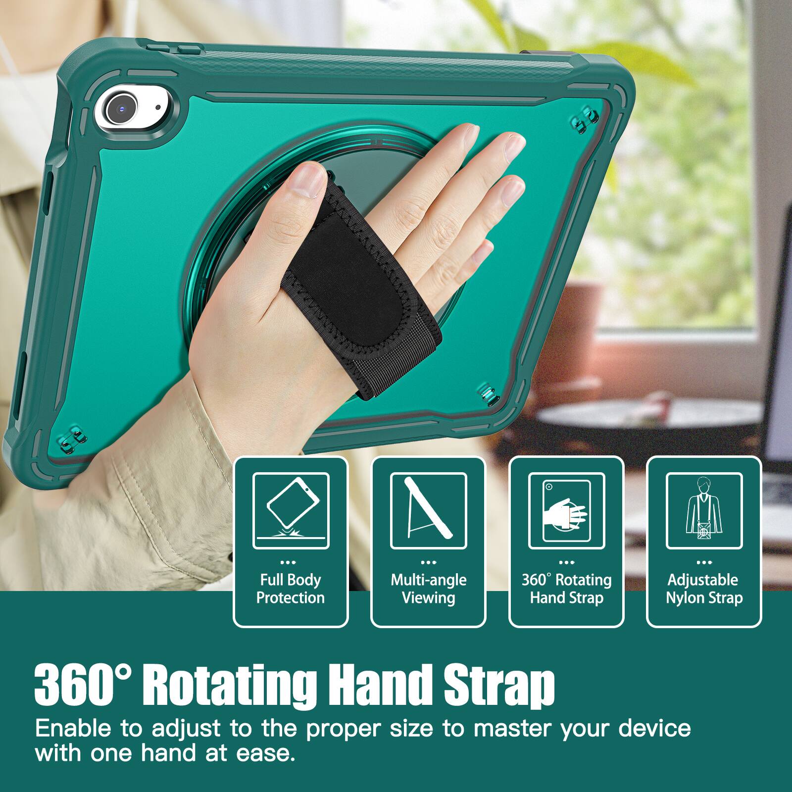 Full Body Protection  
Multi-angle Viewing  
360° Rotating Hand Strap  
Adjustable Nylon Strap  

360° Rotating Hand Strap  
Enable to adjust to the proper size to master your device with one hand at ease.