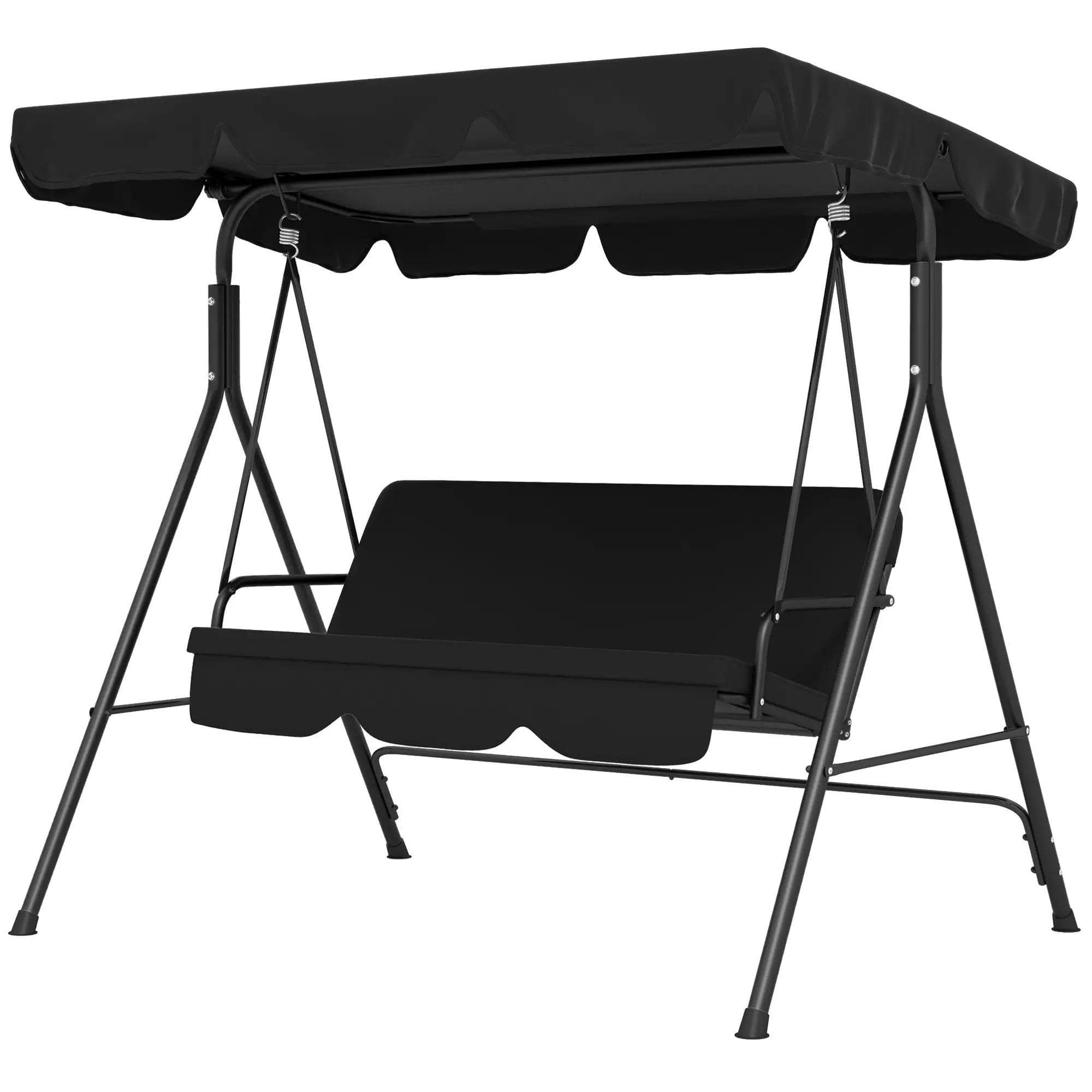 Spaco - 3-Seat Outdoor Swing Chair, Steel Stand, Cushion, Adjustable Canopy - Black