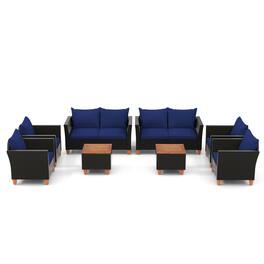 Costway - 8 PCS Wicker Patio Furniture Set with Removable Cushions Storage Coffee Table - Navy,Black