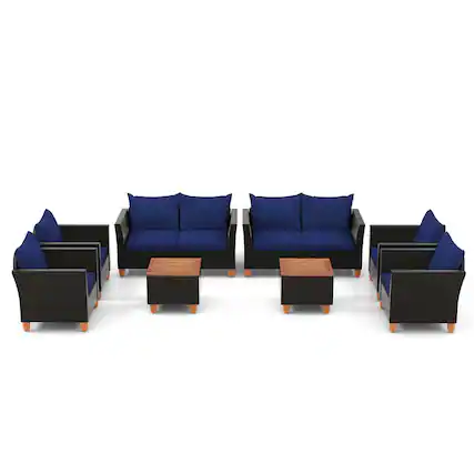 Front. Costway - 8 PCS Wicker Patio Furniture Set with Removable Cushions Storage Coffee Table - Navy,Black.