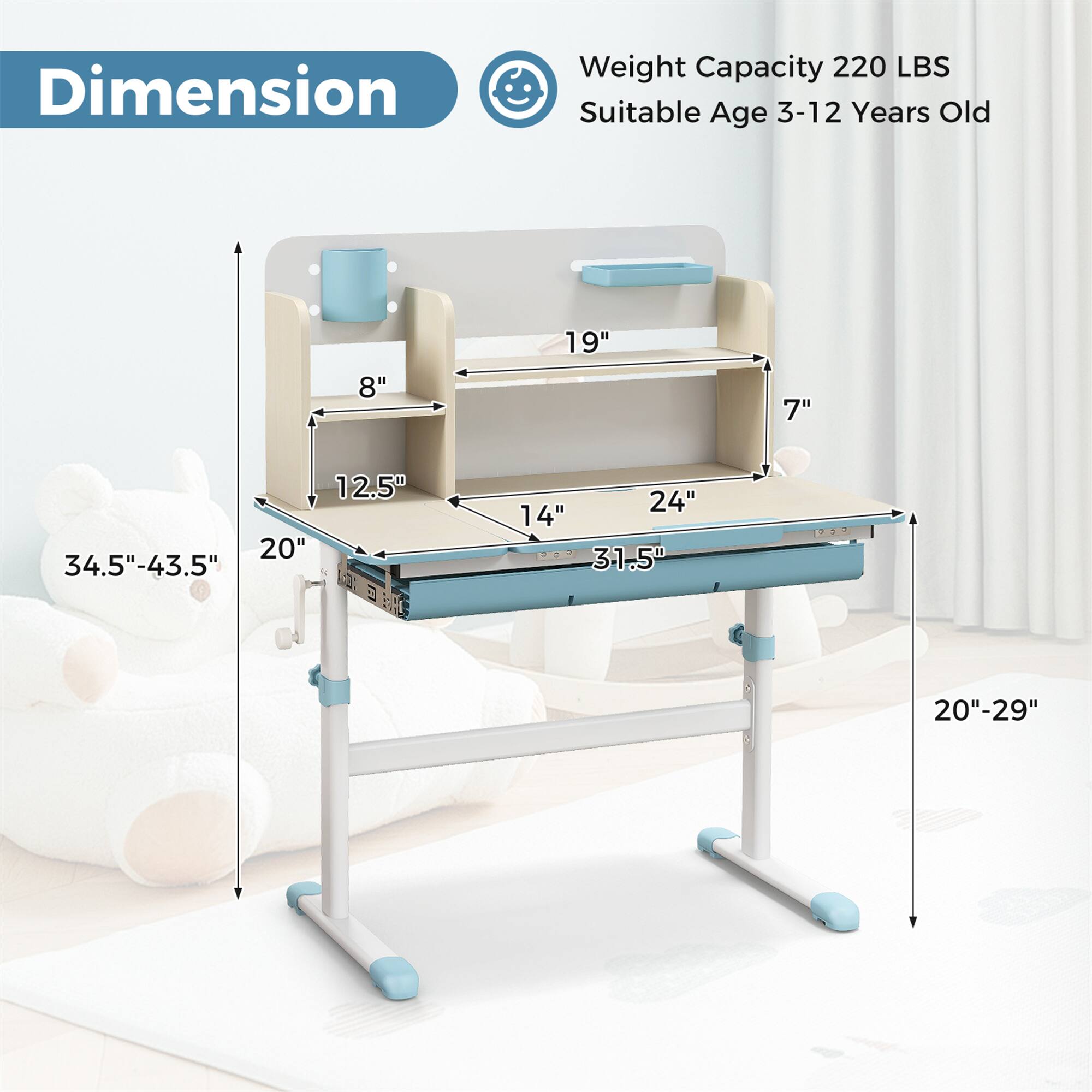 Dimension
Weight Capacity 220 LBS
Suitable Age 3-12 Years Old
"8" 19" 7" 12.5" 20" 34.5"-43.5"
"24" 14" 31.5" 20"-29"