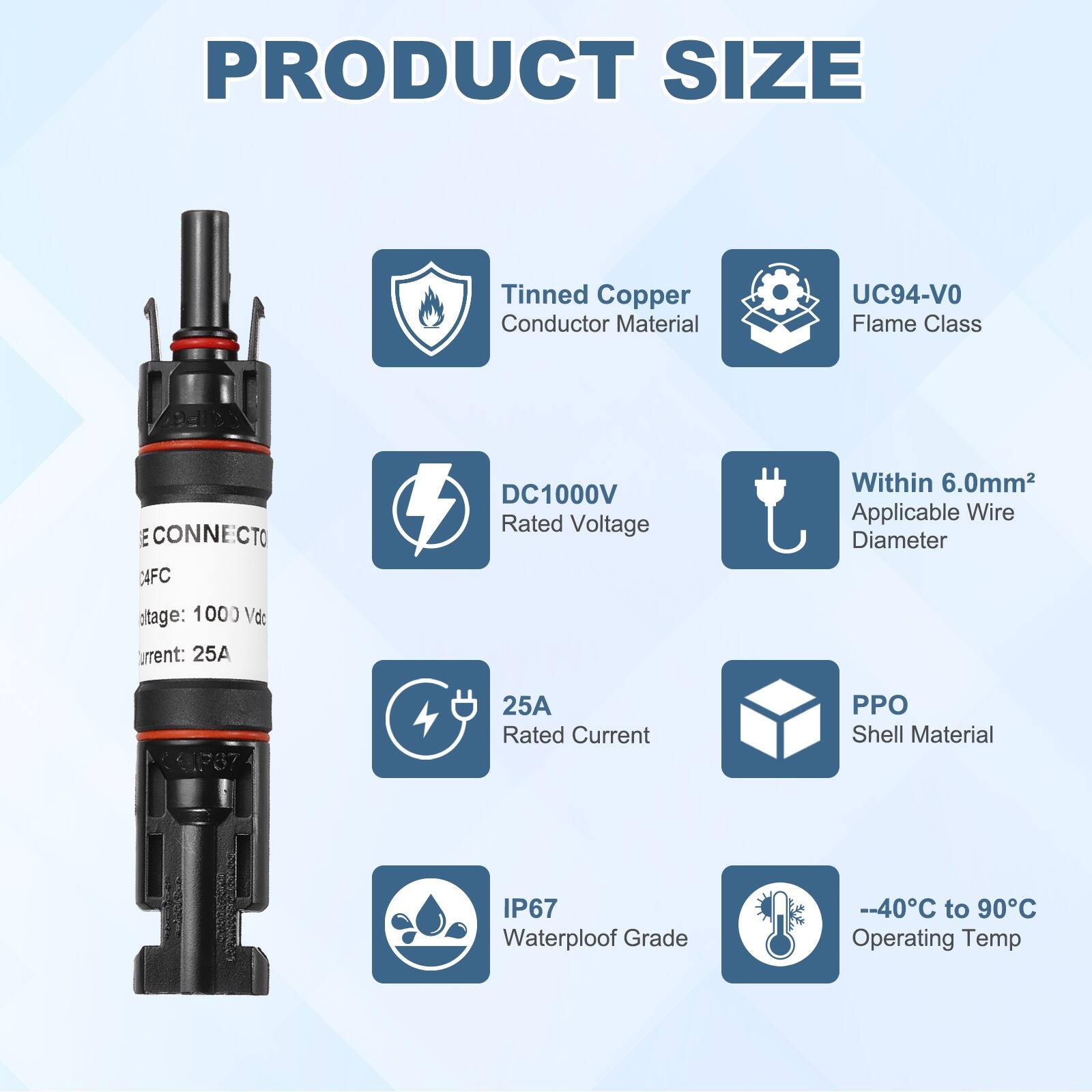 PRODUCT SIZE

- Tinned Copper Conductor Material
- UC94-VO Flame Class
- DC1000V Rated Voltage
- Within 6.0mm² Applicable Wire Diameter
- 25A Rated Current
- PPO Shell Material
- IP67 Waterproof Grade
- -40°C to 90°C Operating Temp