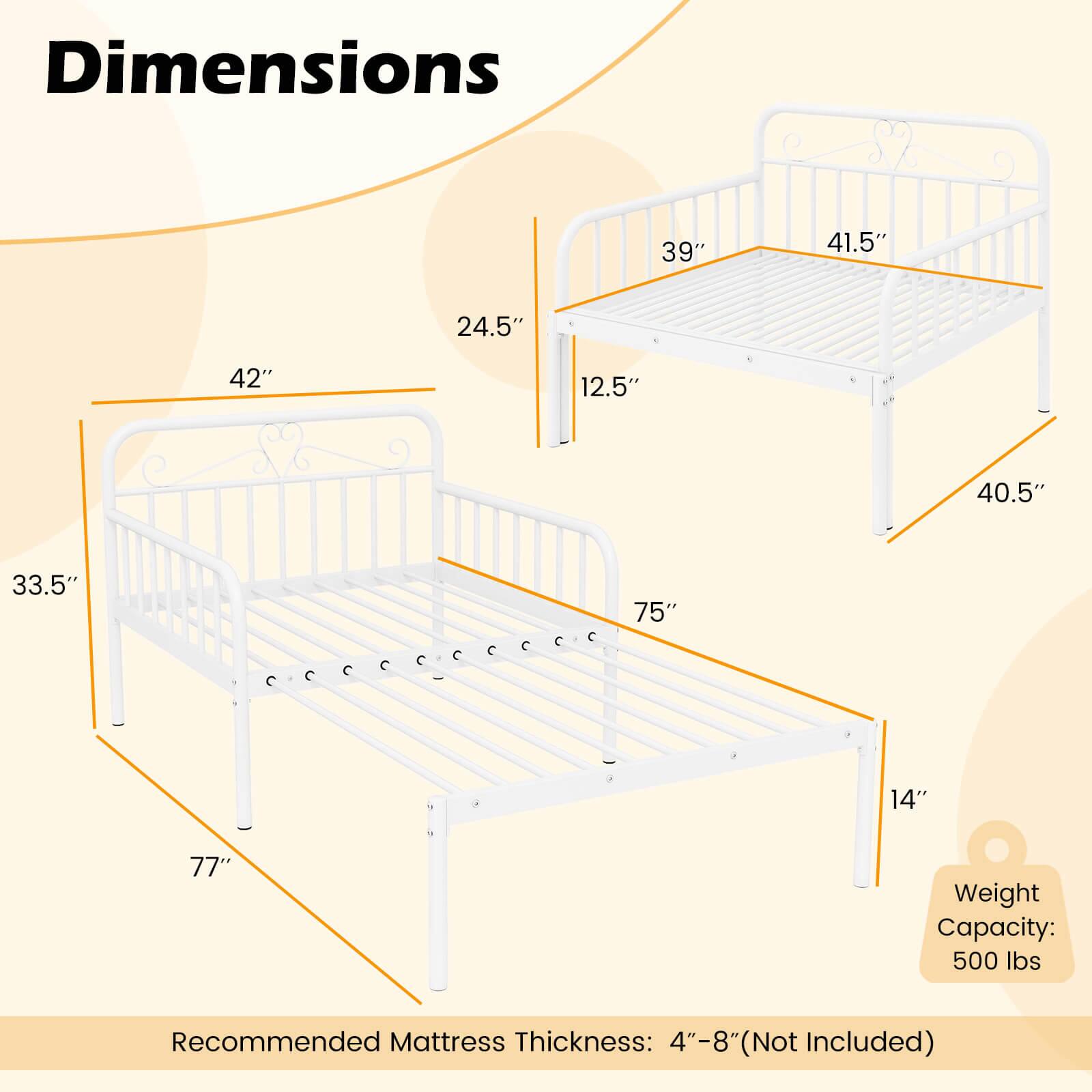 The text on the image reads: "Dimensions: 39" x 41.5" x 24.5" x 42" x 12.5" x 40.5" x 33.5" x 75" x 14" x 77" Weight Capacity: 500 lbs Recommended Mattress Thickness: 4"-8" (Not Included)."