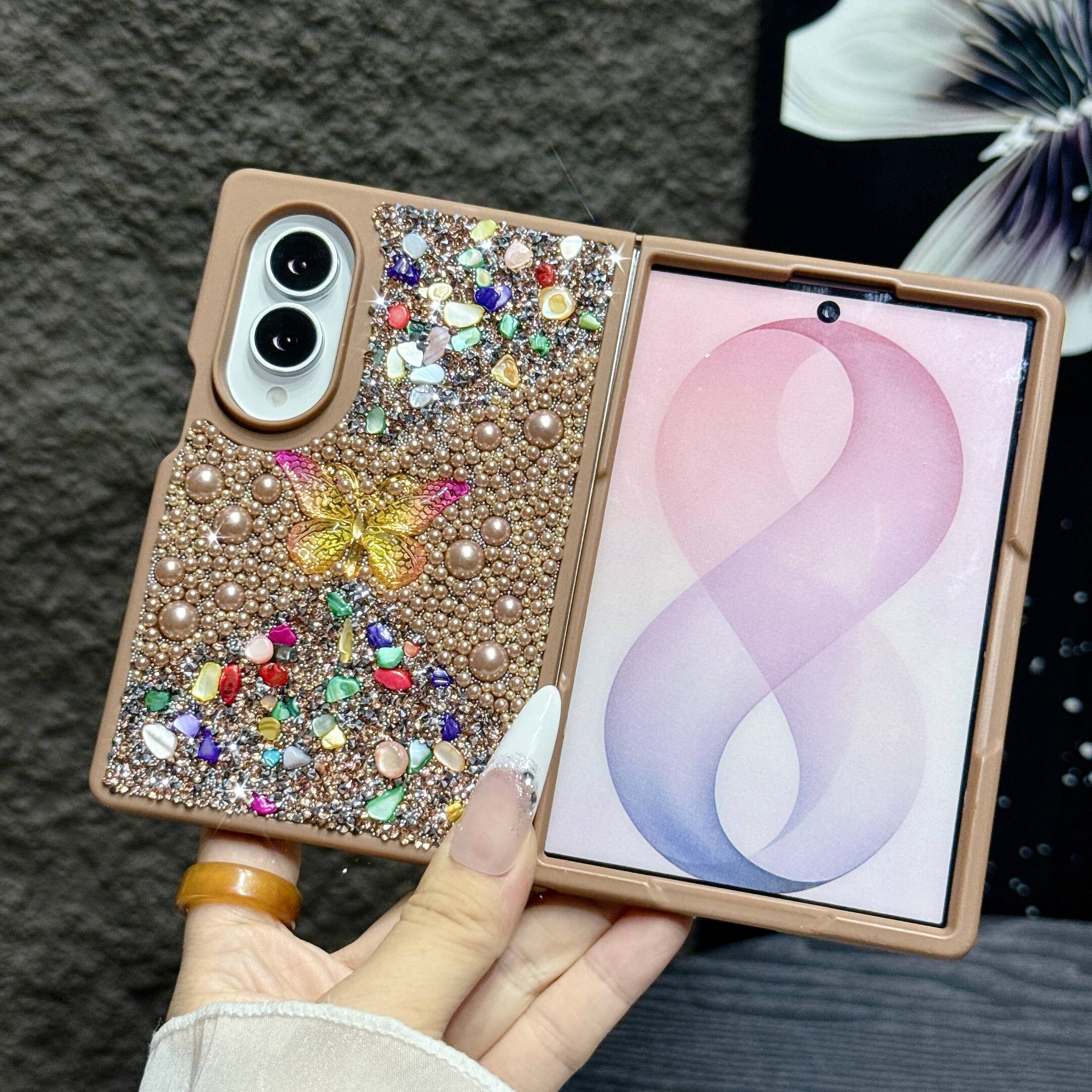 Left. Dteck - Diamond Case for Samsung Galaxy Z Fold 8, Sparkle Glitter Rhinestone Butterfly Phone Cover with Strap - Gold.