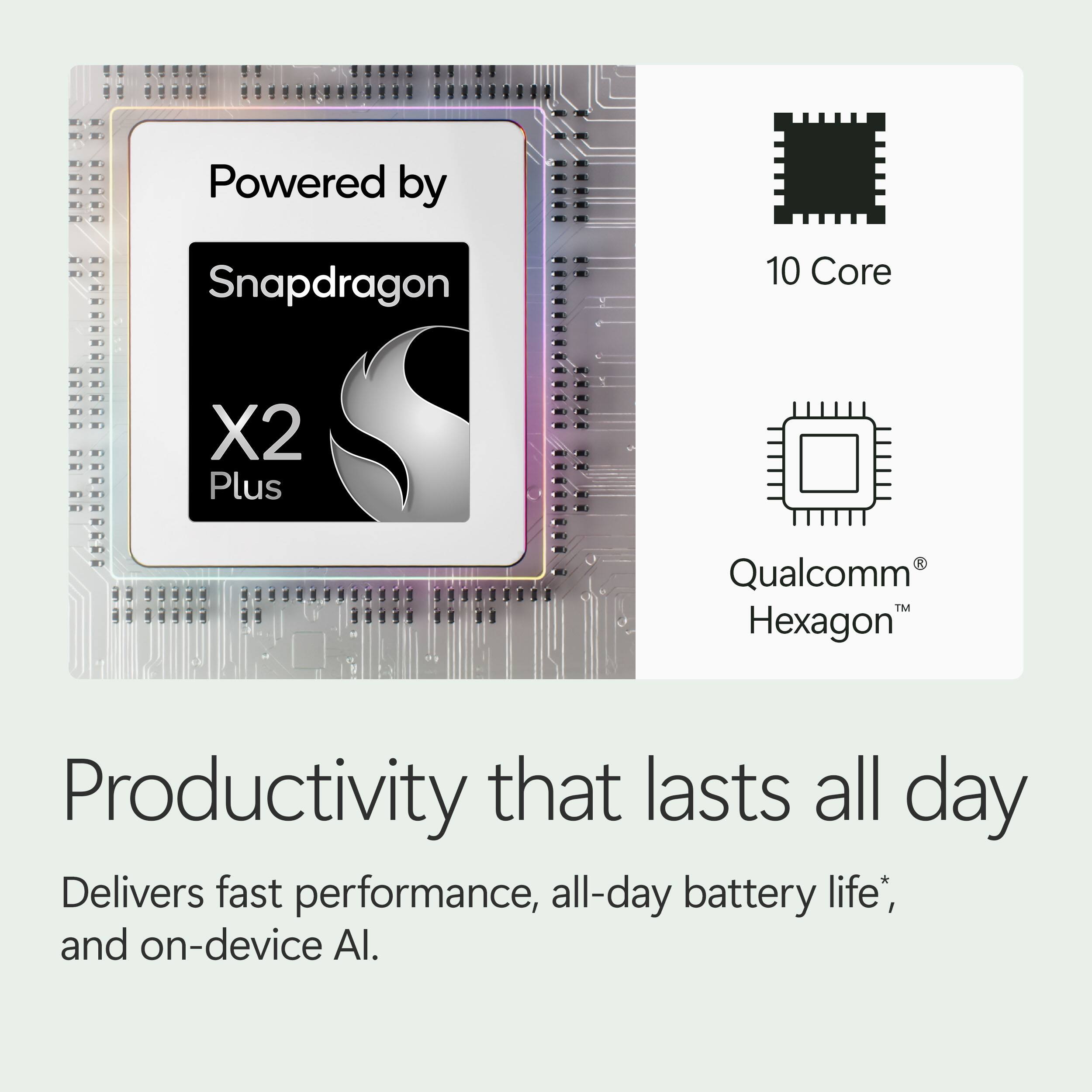 Powered by Snapdragon 10 Core X2 Plus Qualcomm Hexagon  
Productivity that lasts all day  
Delivers fast performance, all-day battery life*, and on-device AI.