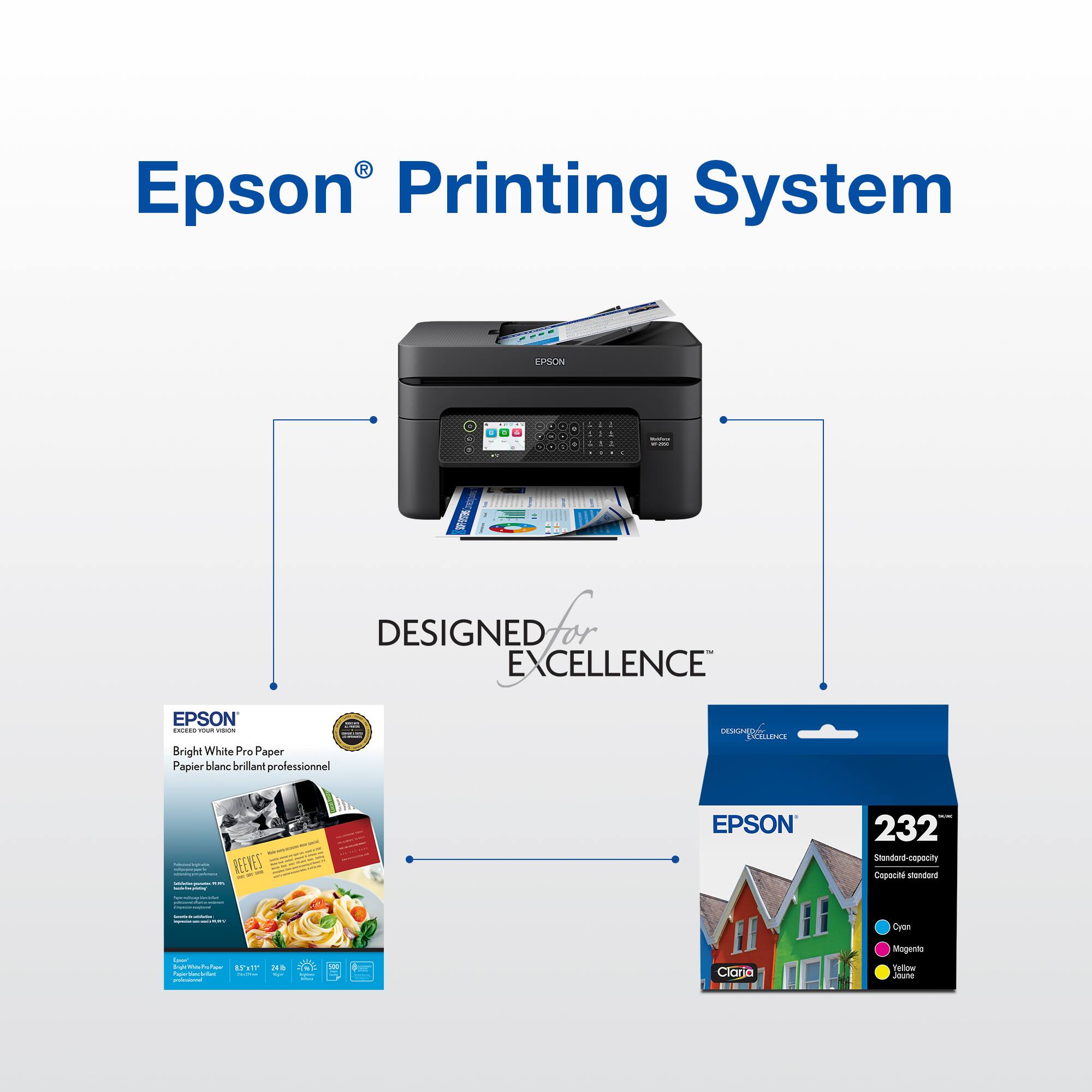 Epson Printing System is designed for excellence. The image features a printer and a box of Epson 232 Standard Capacity paper, which is bright white and suitable for professional use. The printer is also compatible with Epson HCCR ink cartridges, providing a high-quality printing experience.