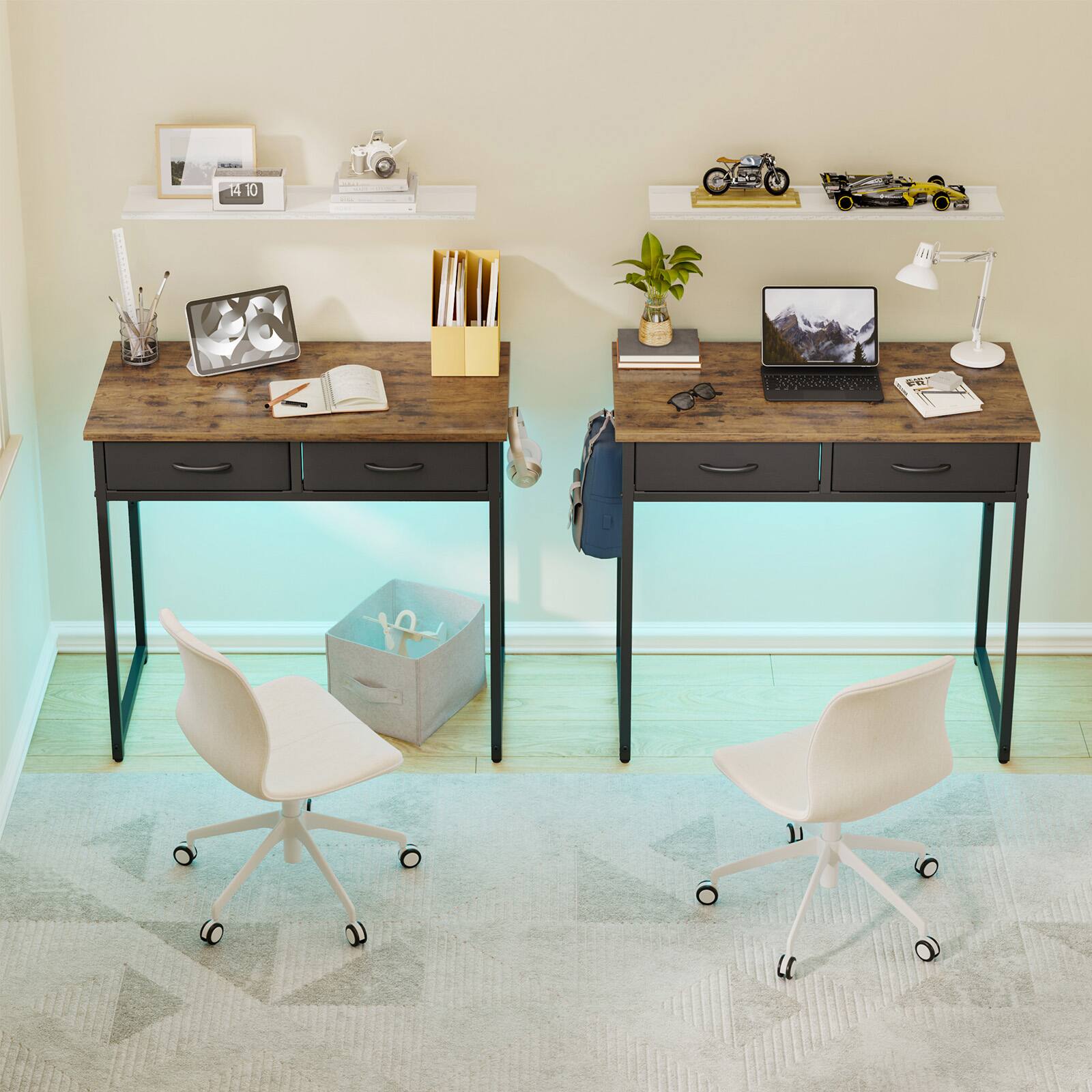 Left. Pinmoco - Pinmoco - 32 Inch LED Writing Desk Office Desk Computer Desk Kids Study Desk Vanity Desk with RGB Lights & Smart Storage - Rustic Brown.