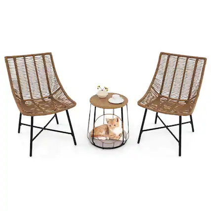 Front. Costway - Costway 3 PCS Outdoor Furniture Set with Pet House & Heavy Duty Metal Frame - Brown.
