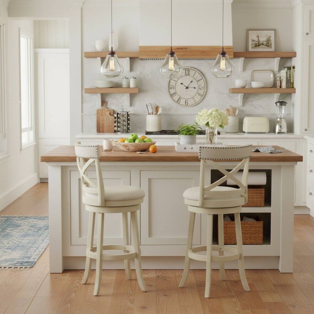 Alt View 3. FurniFact - White Solid Wood Swivel Bar Stools Set of 2 - White.