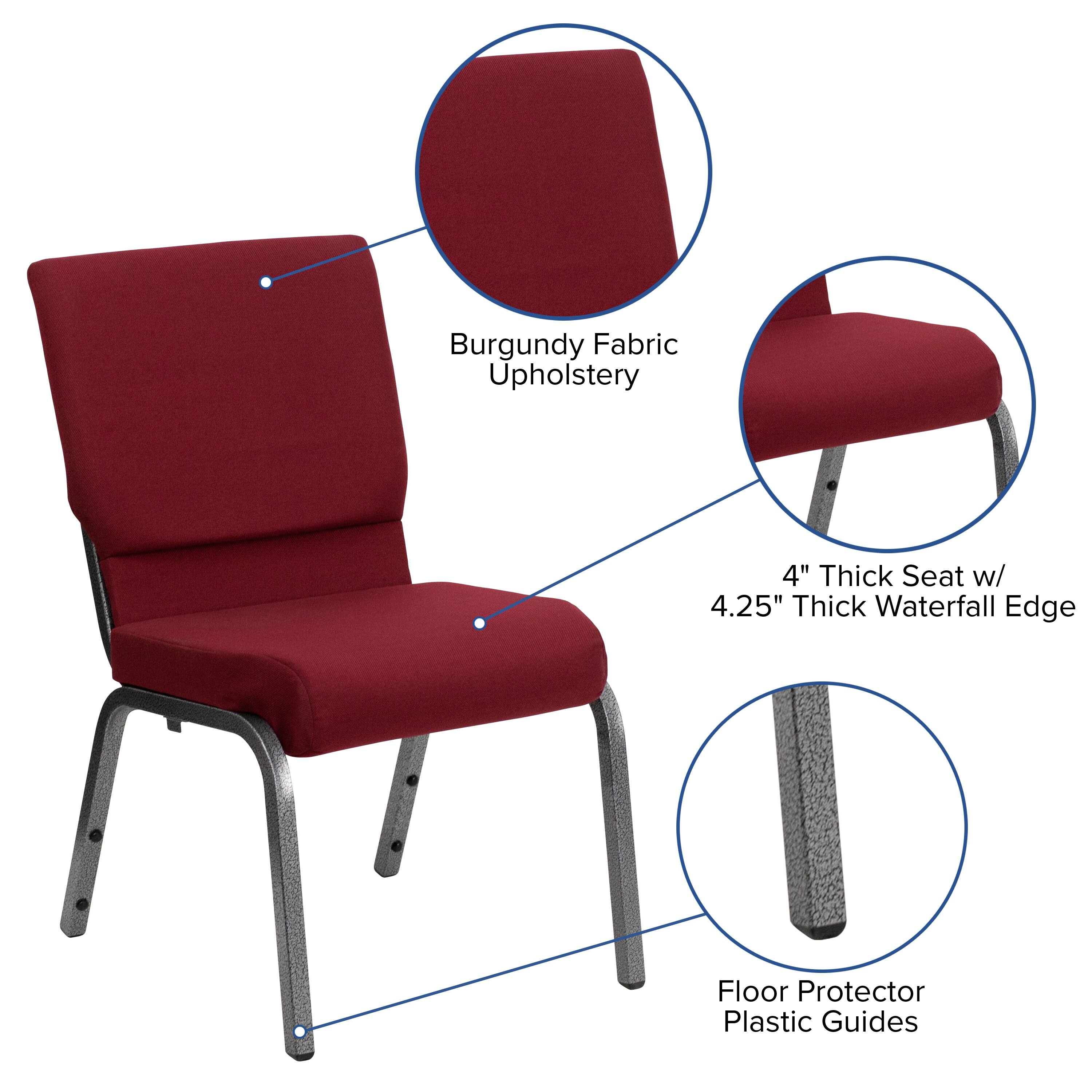 Burgundy Fabric Upholstery  
4" Thick Seat w/ 4.25" Thick Waterfall Edge  
Floor Protector Plastic Guides