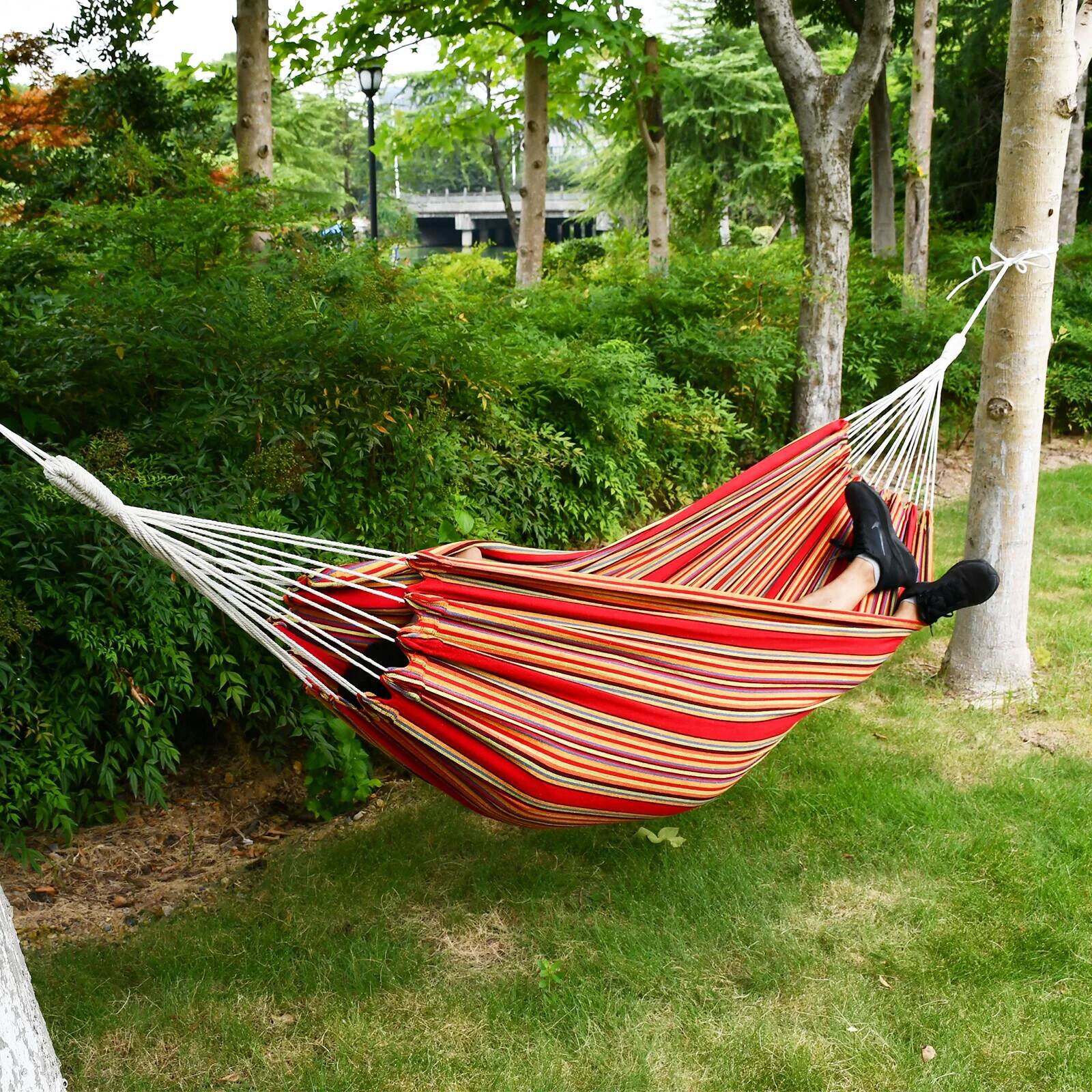 Alt View 4. SKONYON - 2-Person Brazilian-Style Cotton Double Hammock Bed with Portable Carrying Bag - Rainbow.