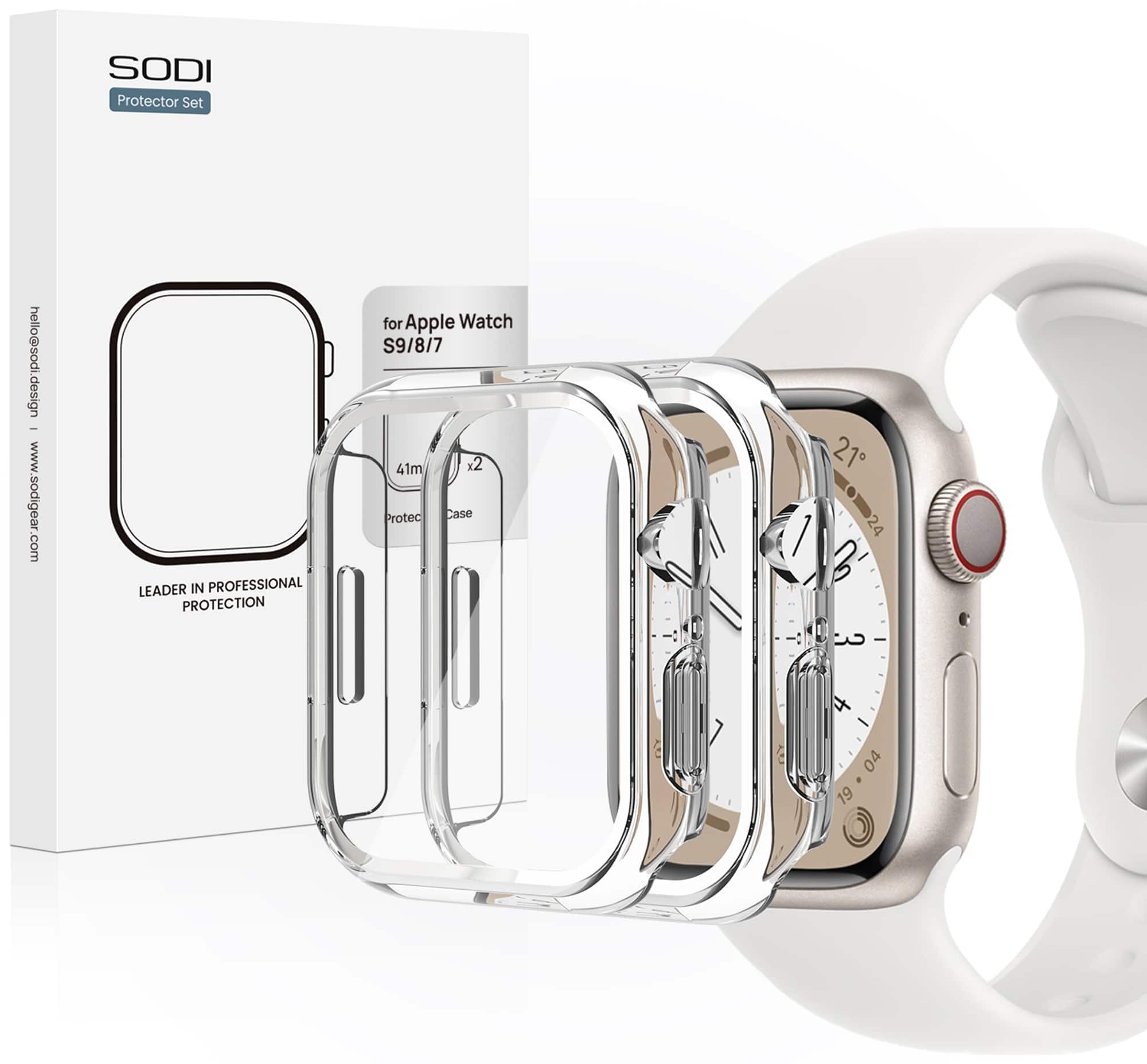 The text on the image reads: "SODI Protector Set for Apple Watch S9/8/7 41mm x2 Protec Case 21/24/31/38/42mm - 04/19".