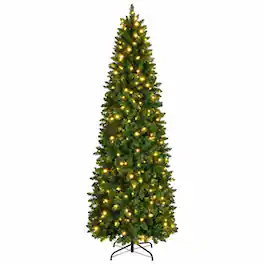 RYHNUYNE - 9FT Pre-Lit Pencil Christmas Tree With Warm White and Multi-Color LED Lights, Realistic Spruce and Metal Base - Green