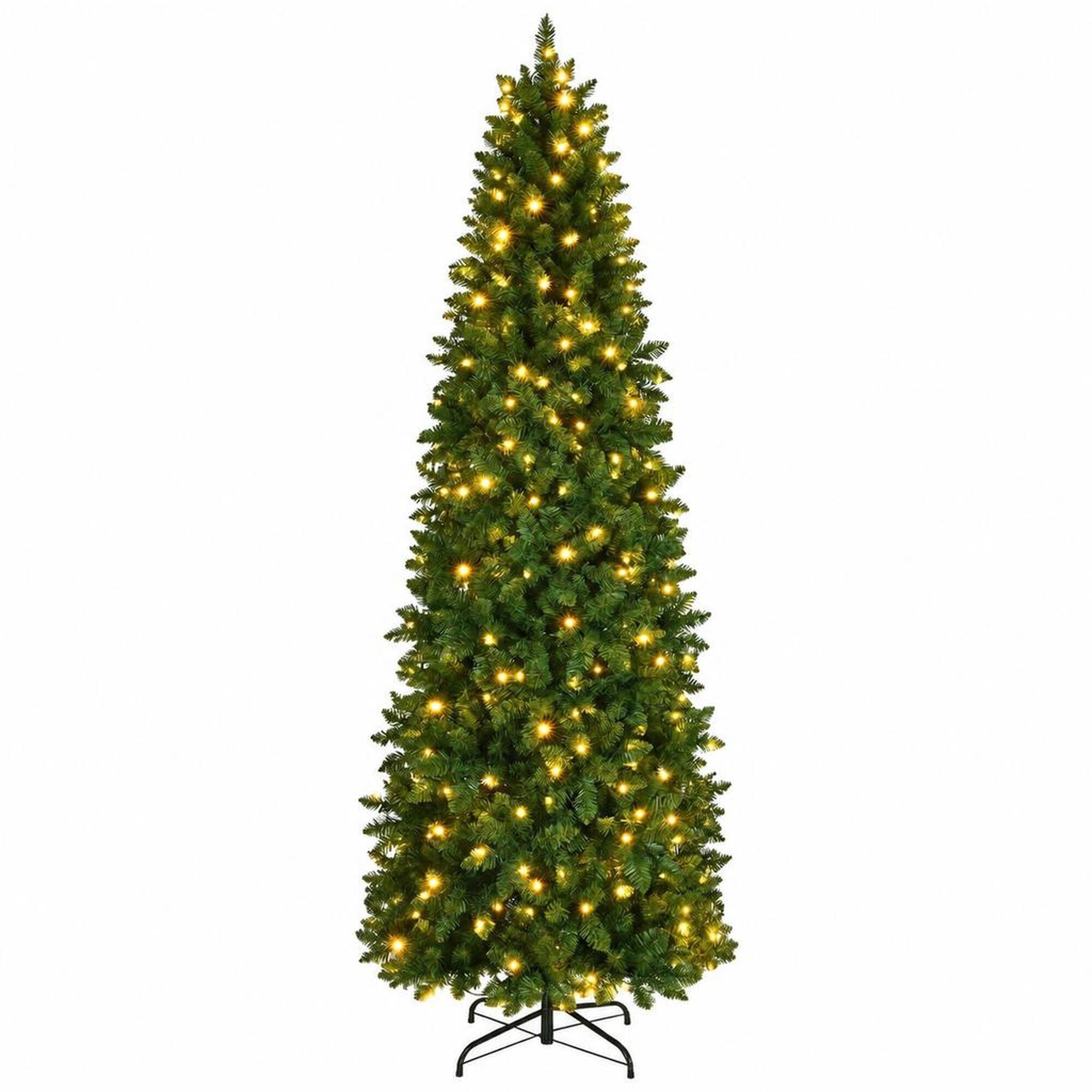 Front. RYHNUYNE - 9FT Pre-Lit Pencil Christmas Tree With Warm White and Multi-Color LED Lights, Realistic Spruce and Metal Base - Green.