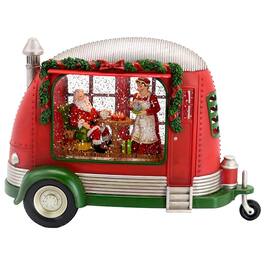 Ecooso - 11.3x4.4x8 Inch Resin Camper with Santa Tea Time Scene, LED Lights, Water Spinning Effect, Christmas Decoration Gift - Red