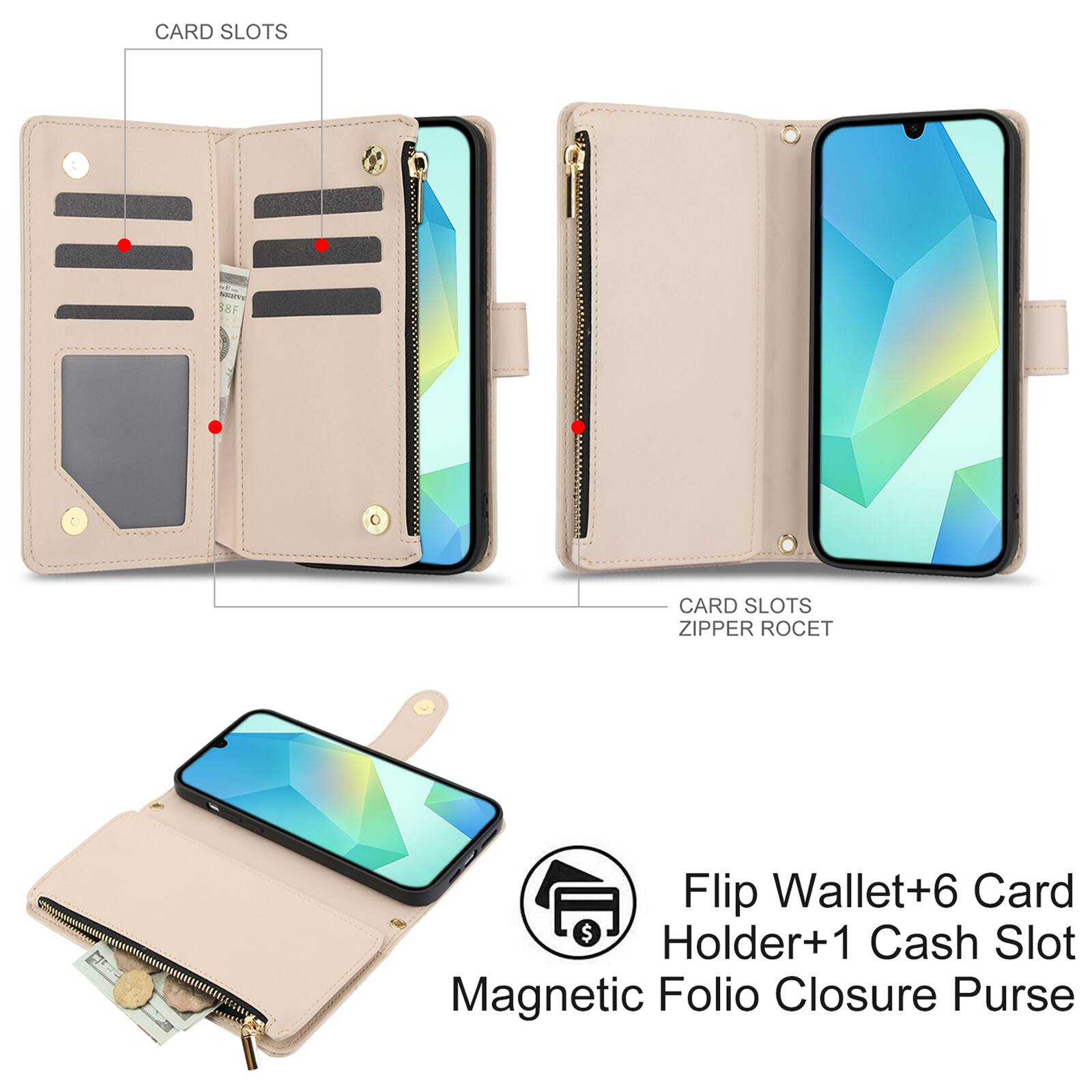 CARD SLOTS

CARD SLOTS ZIPPER ROCET

Flip Wallet+6 Card Holder+1 Cash Slot Magnetic Folio Closure Purse