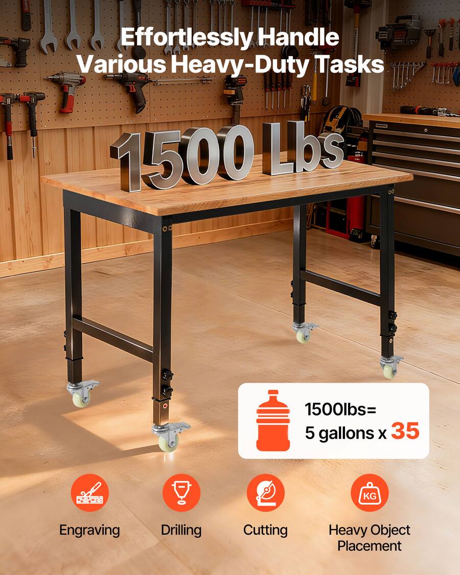 VEVOR Adjustable Workbench on Wheels, 1500 lbs Capacity, 48 x 24 Inch ...