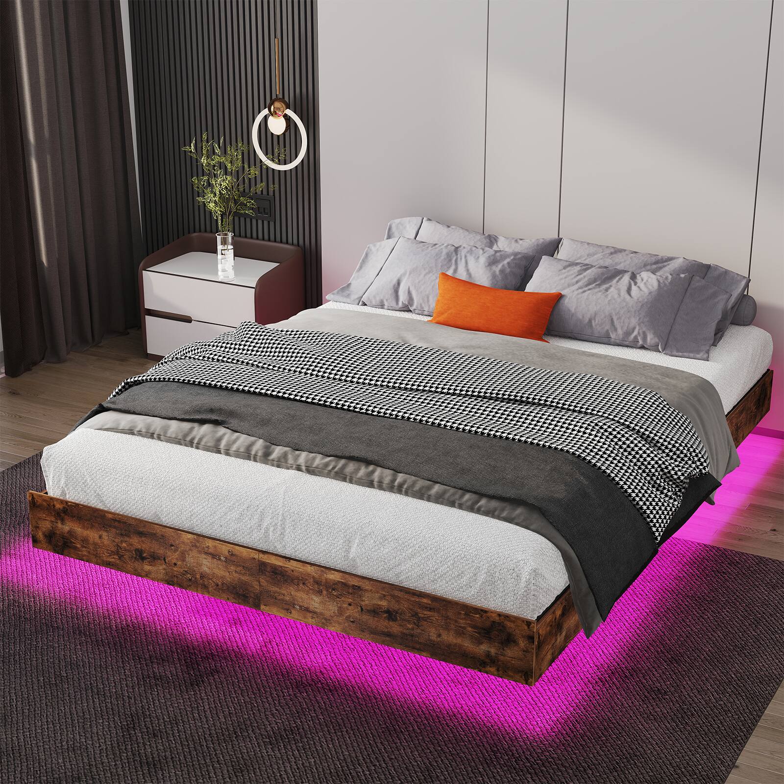 Angle. LUCKY ONE - Full Size Floating Bed Frame with LED Lights - Brown.