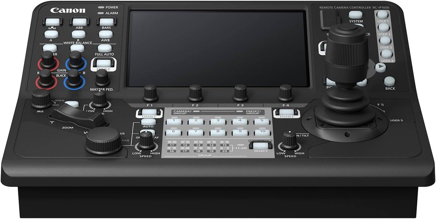 Canon POWER ALARM REMOTE CAMERA CONTROLLER RC-IP1000 SYSTEM USER 1 ABB BARS U CE USER 2 A WHITE BALANCE AWB USER 3 ER FULL AUTO USER 4 R GAIN BLACK LE MASTER PED. PI BACK OPEN F 1 F 2 F 3 F 4 F 5 IRIS T ZOOM LOW V HIGH ENABLE AUTO US OF AF FAR LOW HIGH SPEED CAMERAL GROUP 1 2 3 G 7 R 1 2 a .. 12 13 14 G 7 H O 10 17 1H 19 GROUP 5 1T 10 20 PRESET/ GROUP 4 5 e 10 11-20 SELECT ENABLE N/TILT LOW HIGH SPEED USER 5