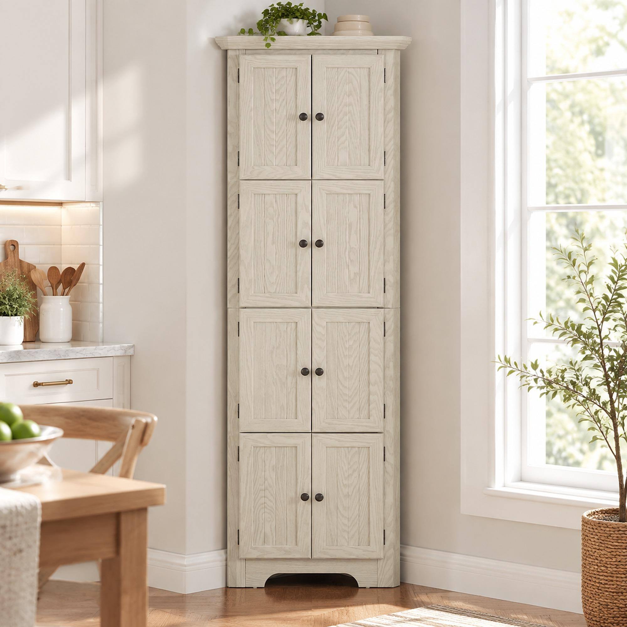 Front. RYHNUYNE - 72 Inch 4-Tier Corner Kitchen Pantry Cabinet with Adjustable Shelves, 8 Doors, Freestanding for Bathroom, White - White.