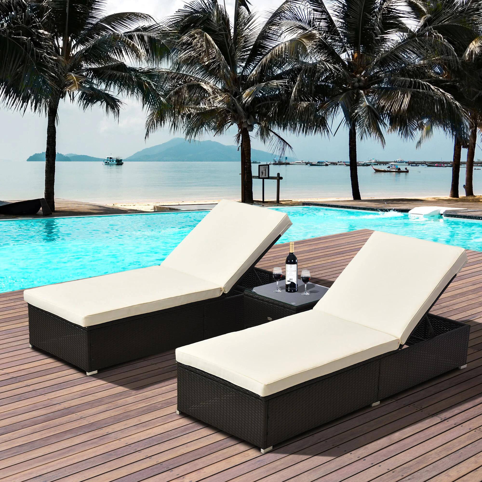 Angle. Spaco - Spaco 2PCS Adjustable Chaise Lounge, PE Rattan Pool Table Teak Accent - Cream White.