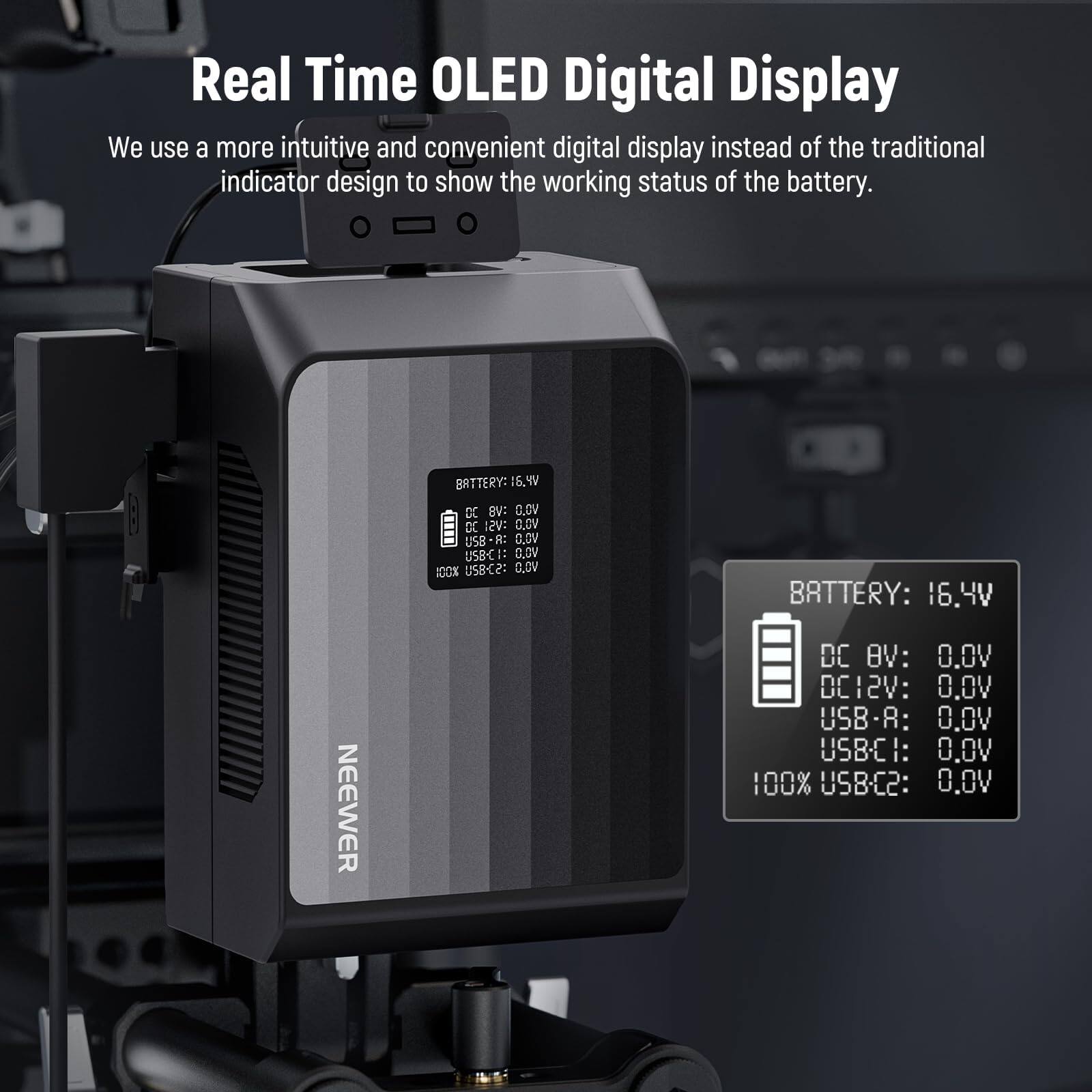 Real Time OLED Digital Display

We use a more intuitive and convenient digital display instead of the traditional indicator design to show the working status of the battery.

BATTERY: 16.4V  
DC BV: 0.0V  
DC12V: 0.0V  
USB-A: 0.0V  
USB-C1: 0.0V  
100% USB-C2: 0.0V