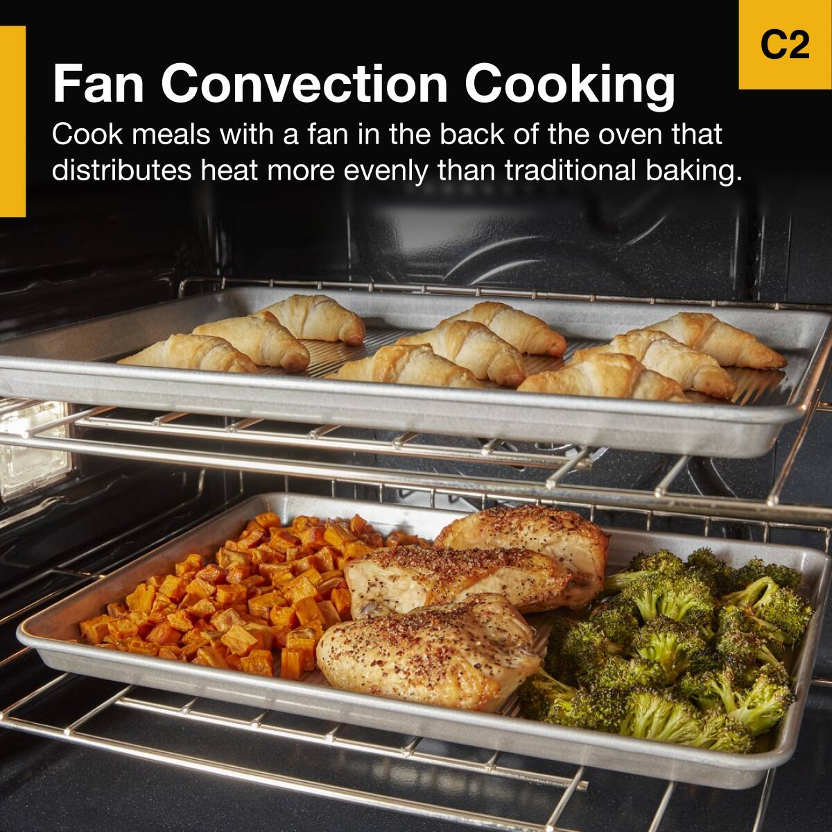 Fan Convection Cooking

Cook meals with a fan in the back of the oven that distributes heat more evenly than traditional baking.