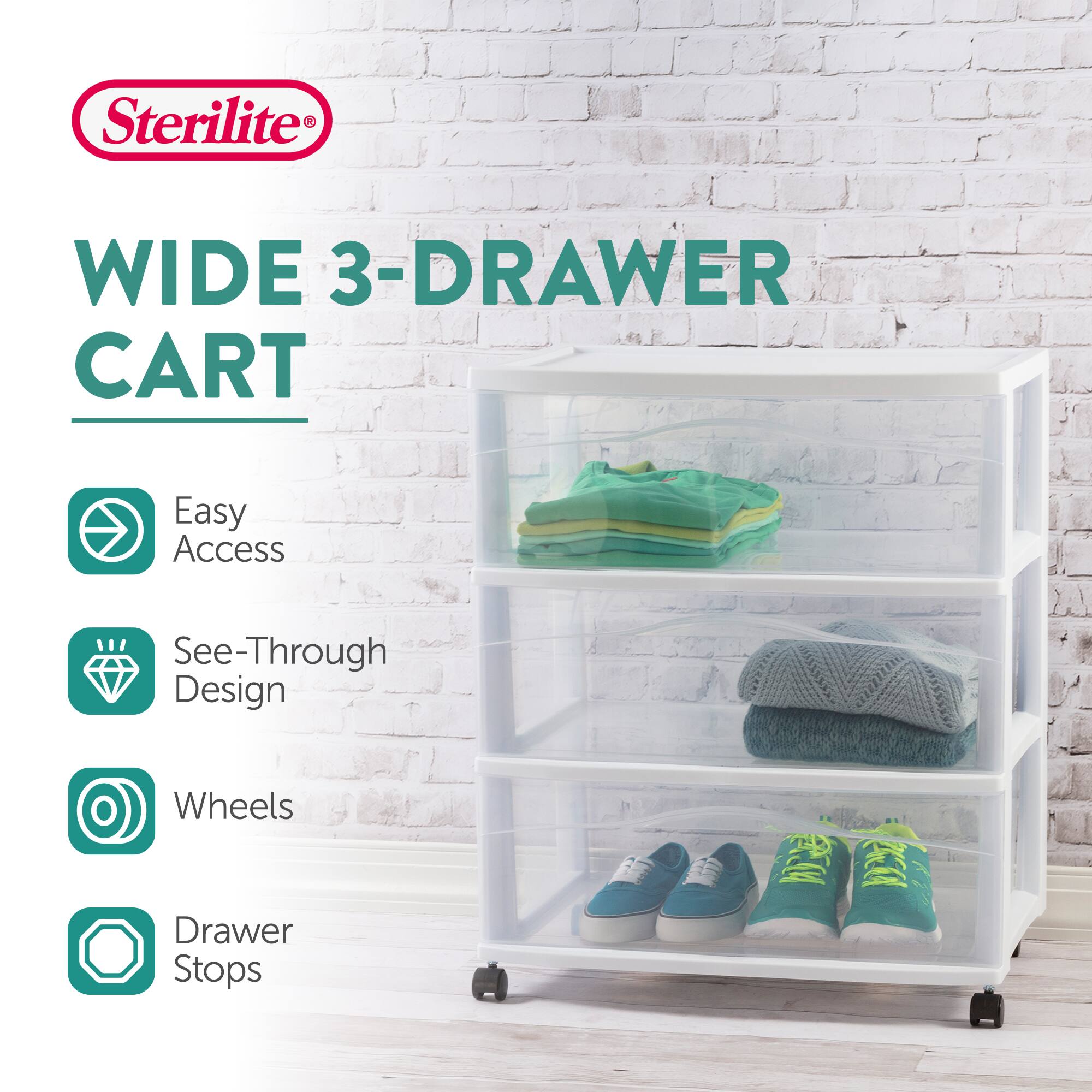 Sterilite WIDE 3-DRAWER CART  
Easy Access  
See-Through Design  
Wheels  
Drawer Stops