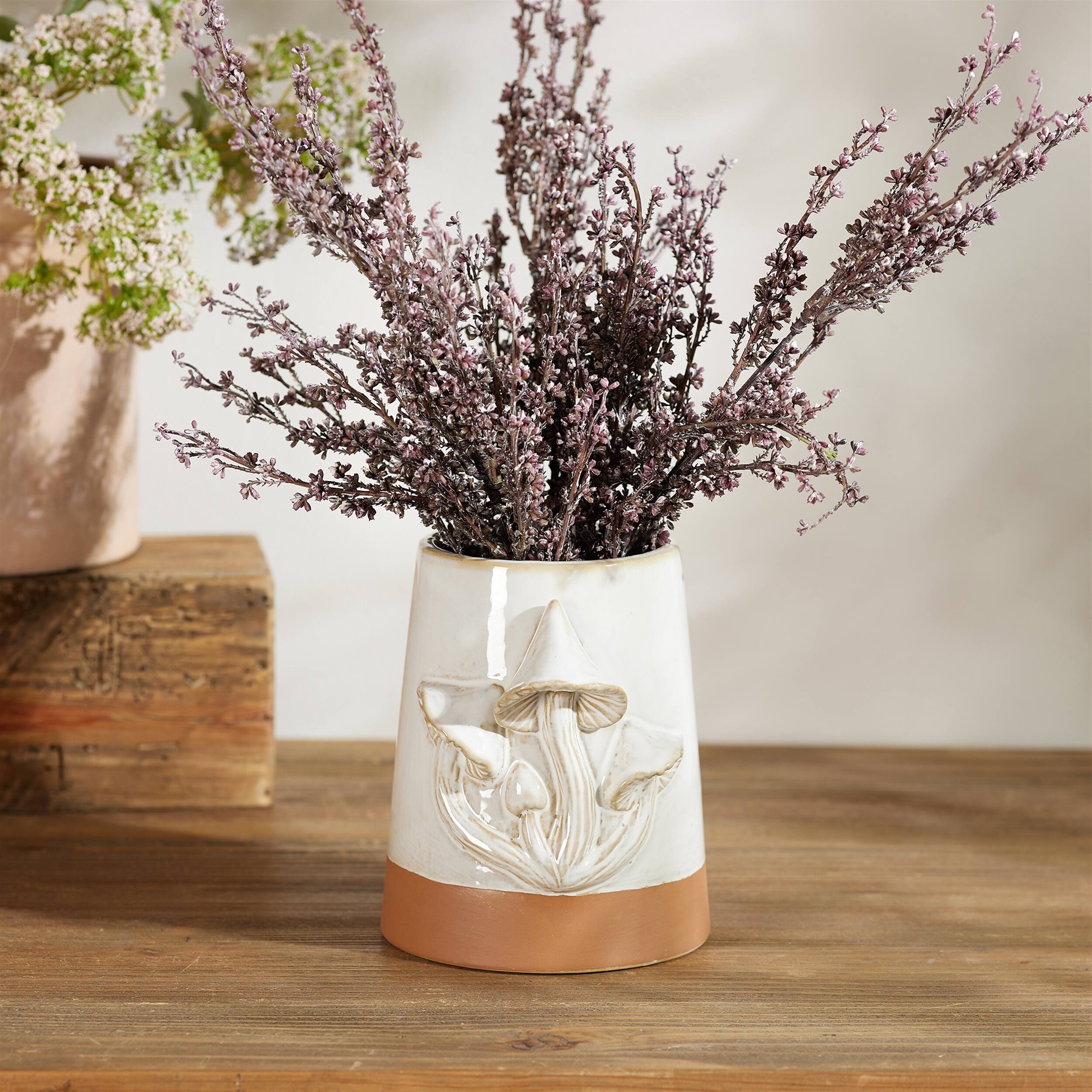 Angle. BreeBe - Tapered Porecelain Planter with Mushrooms (Set of 2) - Gray, Brown.