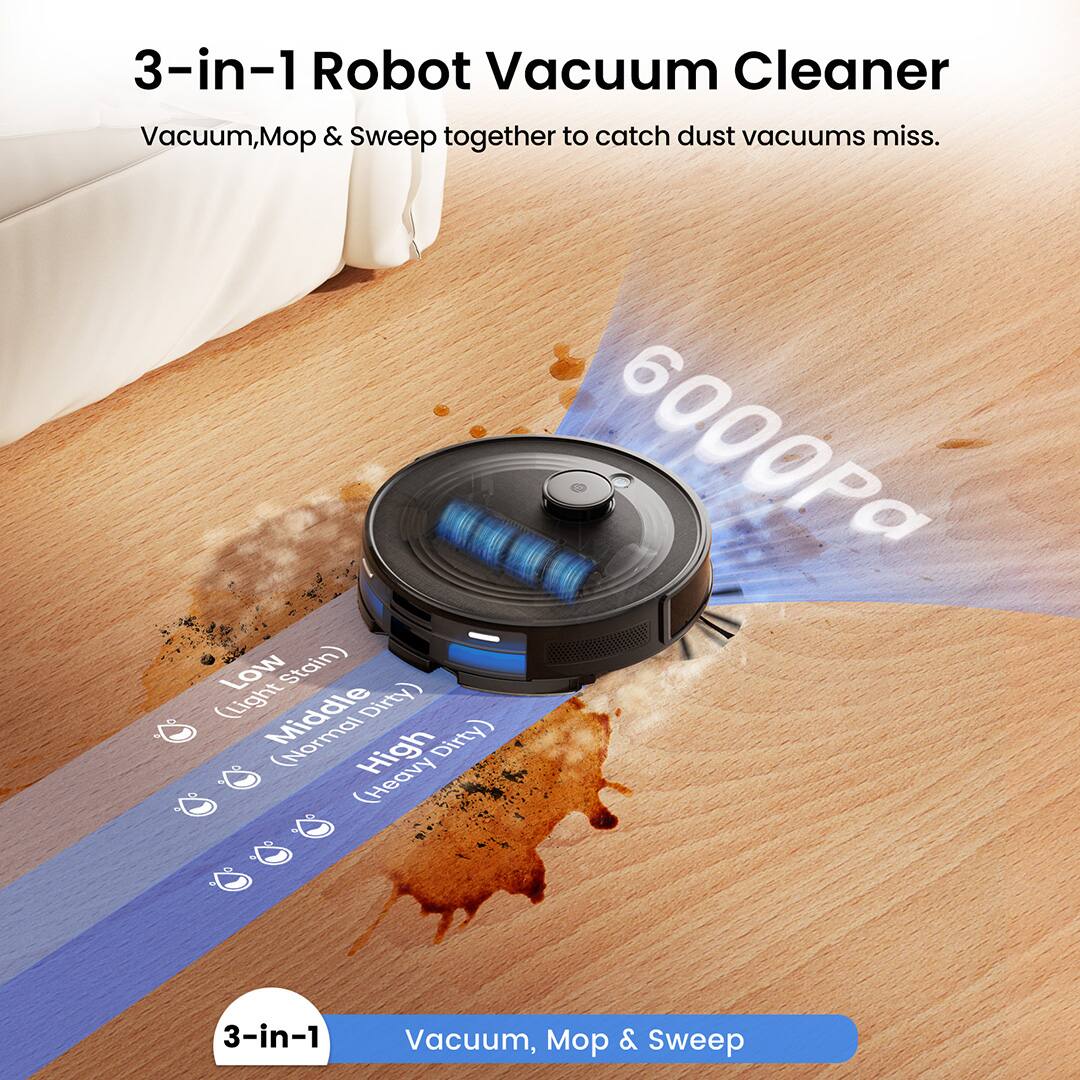 3-in-1 Robot Vacuum Cleaner  
Vacuum, Mop & Sweep together to catch dust vacuums miss.  
6000Pa Low (Light Stain) Middle (Normal Dirty) High (Heavy Dirty)  
3-in-1 Vacuum, Mop & Sweep