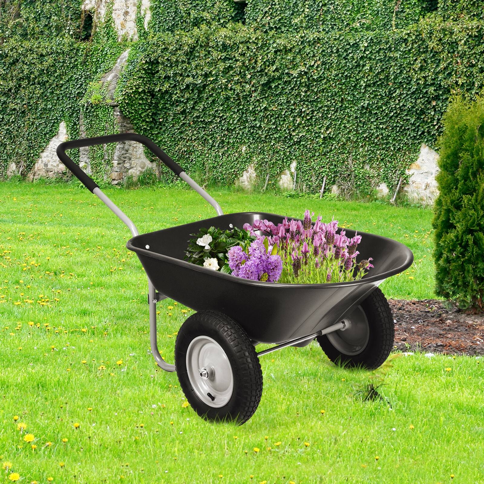 Alt View 4. SKONYON - Two Tire Wheelbarrow with Heavy Duty Steel Frame and Large Capacity Garden Hauling Design - Black.
