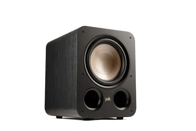 The image shows a black speaker with a subwoofer, which is made by Polk Audio.