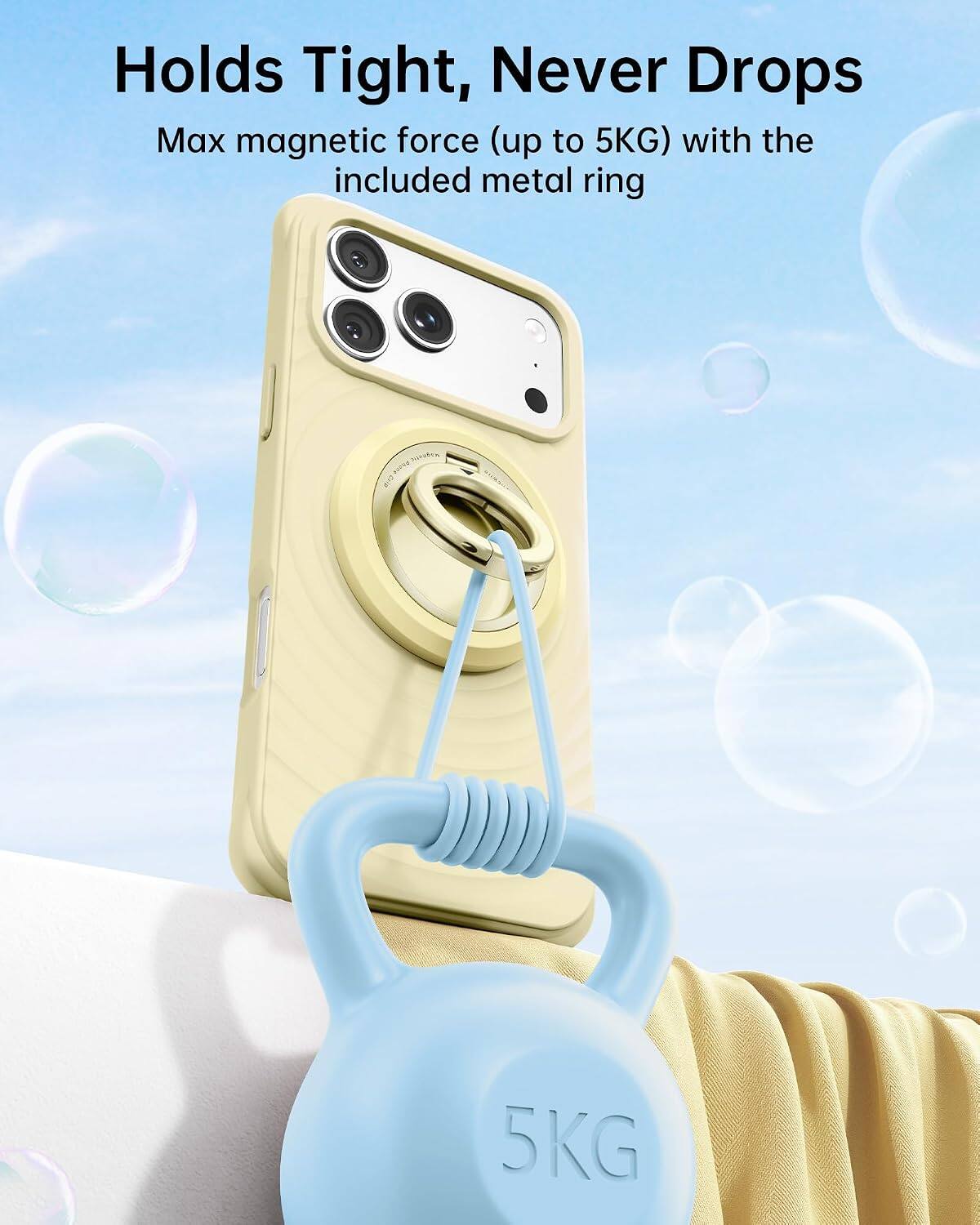 Holds Tight, Never Drops  
Max magnetic force (up to 5KG) with the included metal ring